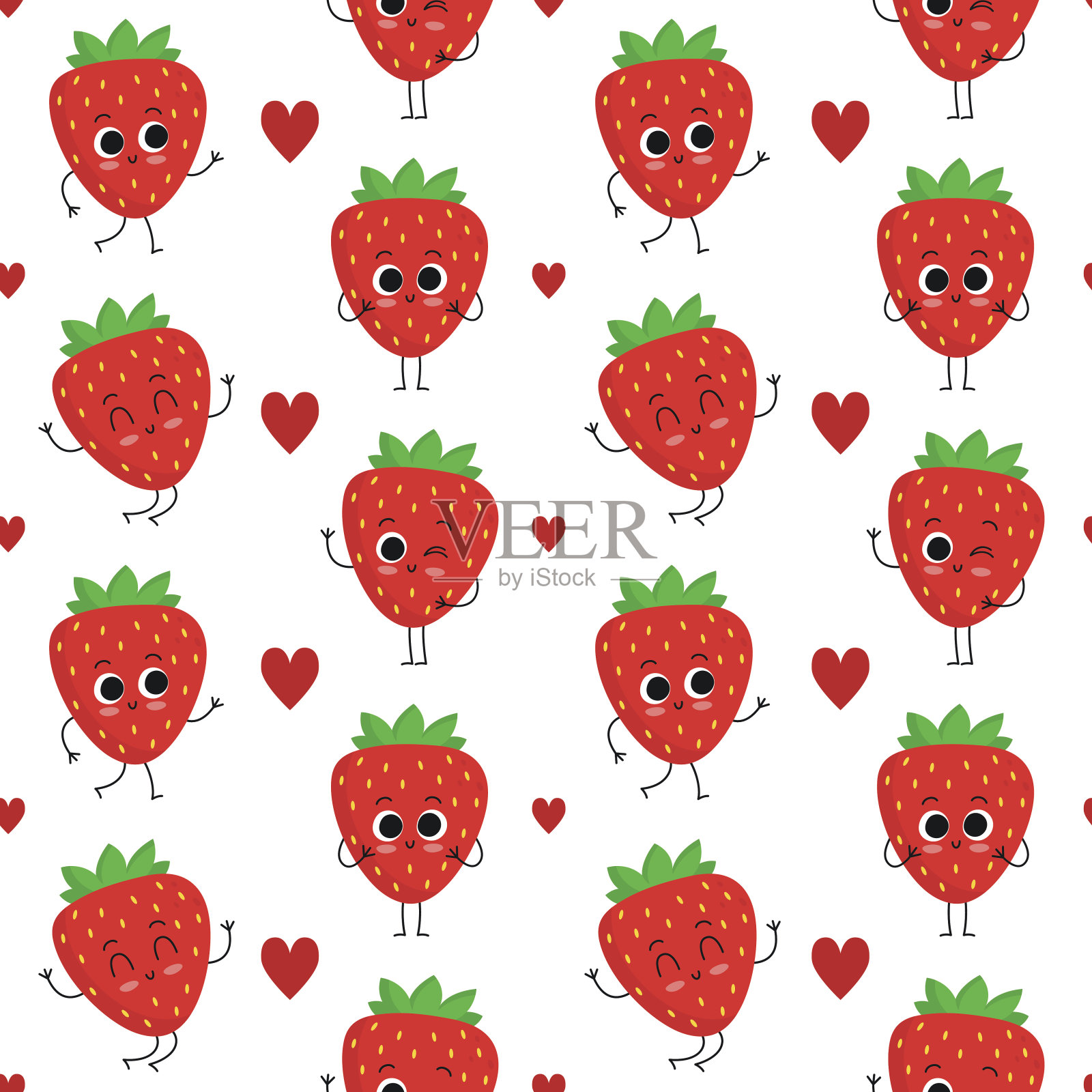 草莓，矢量无缝图案与心形插画图片素材