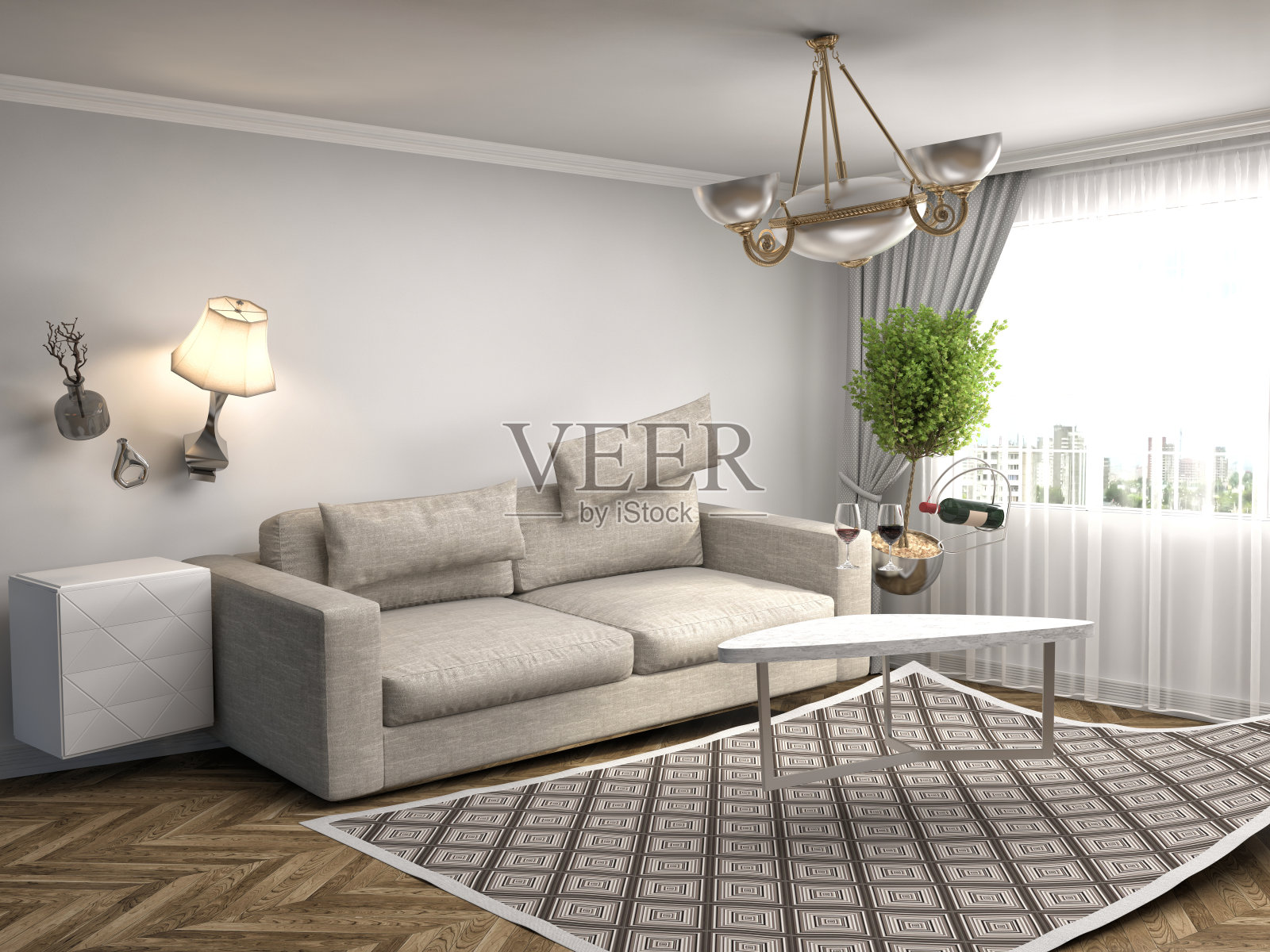 客厅里的零重力沙发。三维演示照片摄影图片