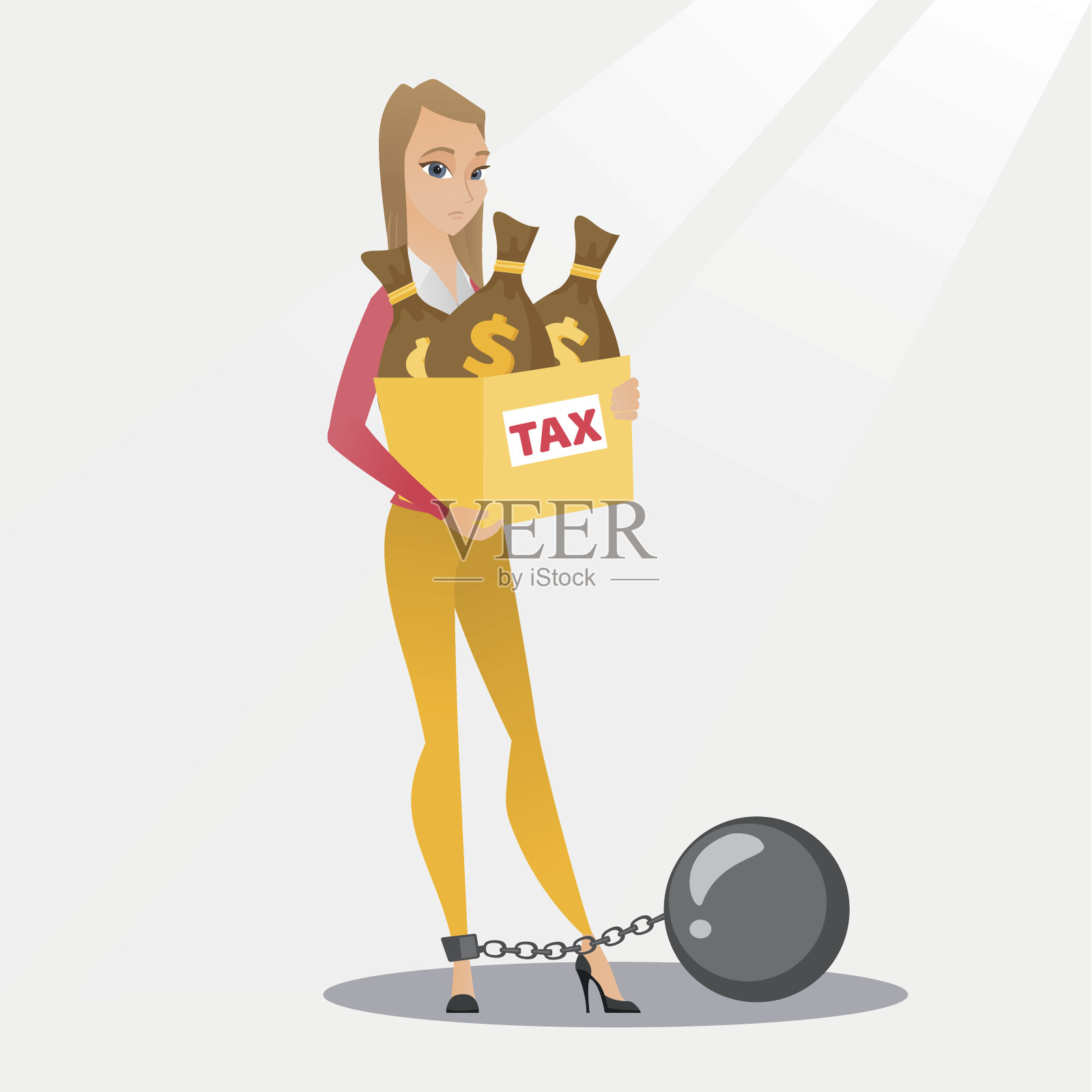 被锁链锁着的女人，拎着装满税的袋子插画图片素材