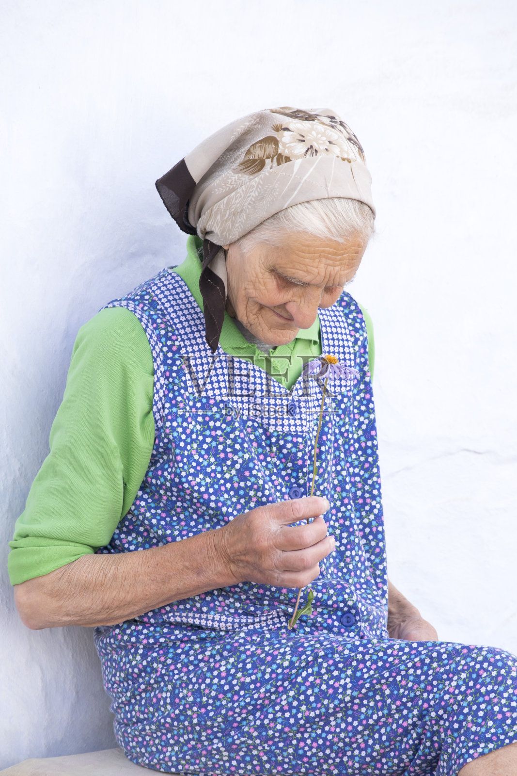 年长的女人嗅着一朵花照片摄影图片