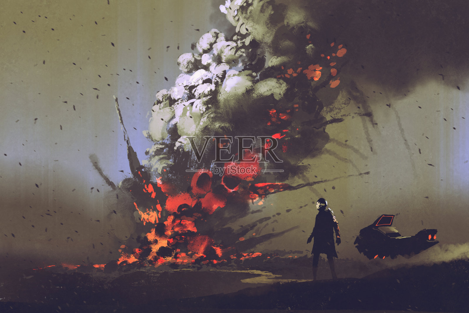 地上的人看着炸弹爆炸插画图片素材