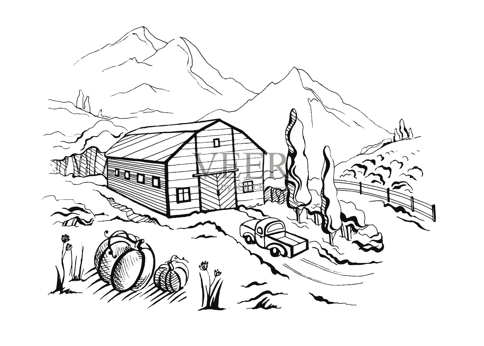 以卡车和农场山景为背景的乡村景观。插画图片素材