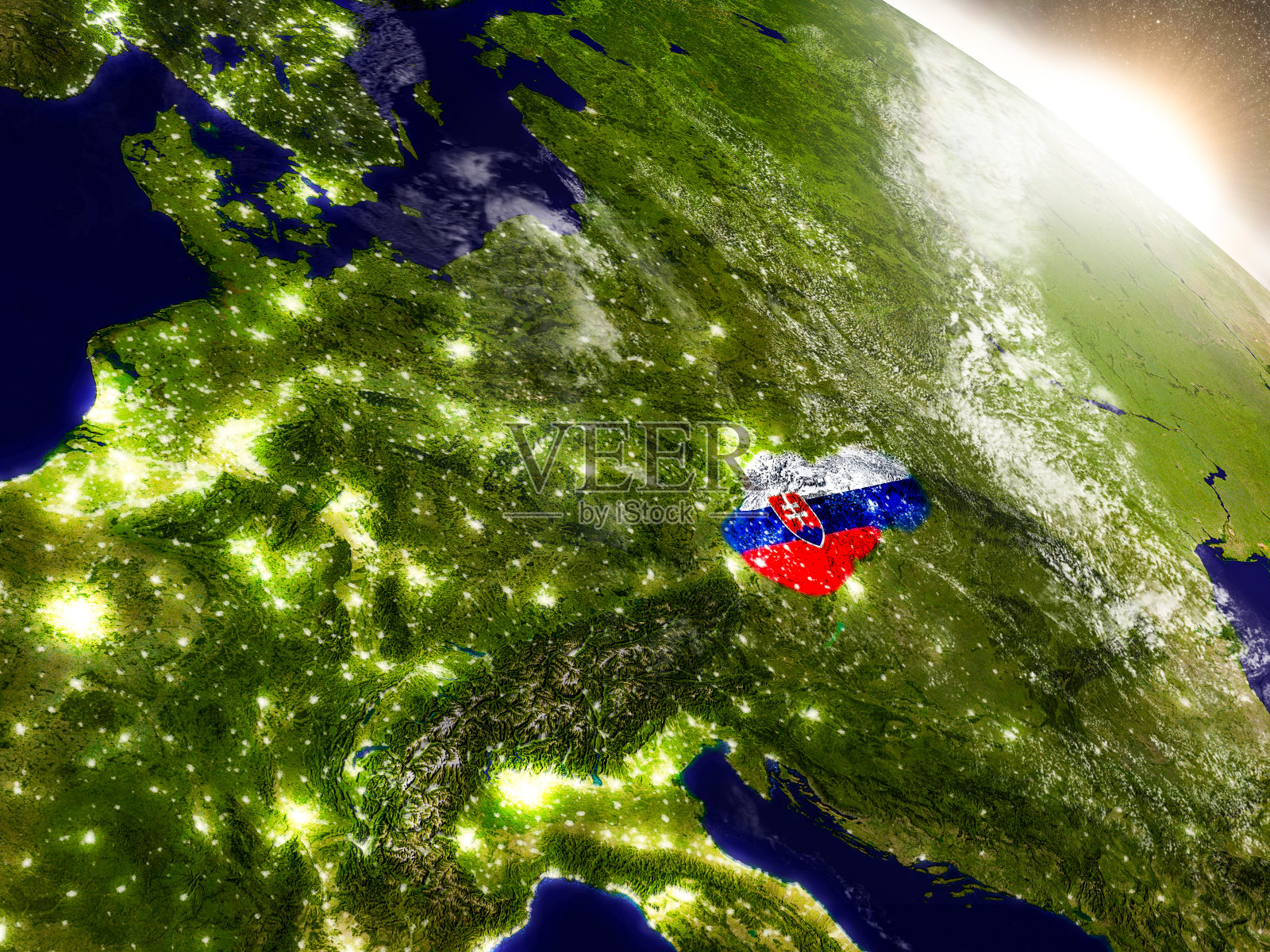 冉冉升起的旭日中，斯洛伐克国旗飘扬照片摄影图片