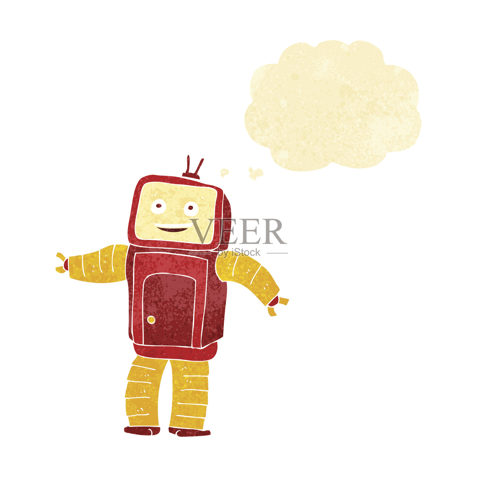 卡通滑稽机器人与思想泡泡插画图片素材