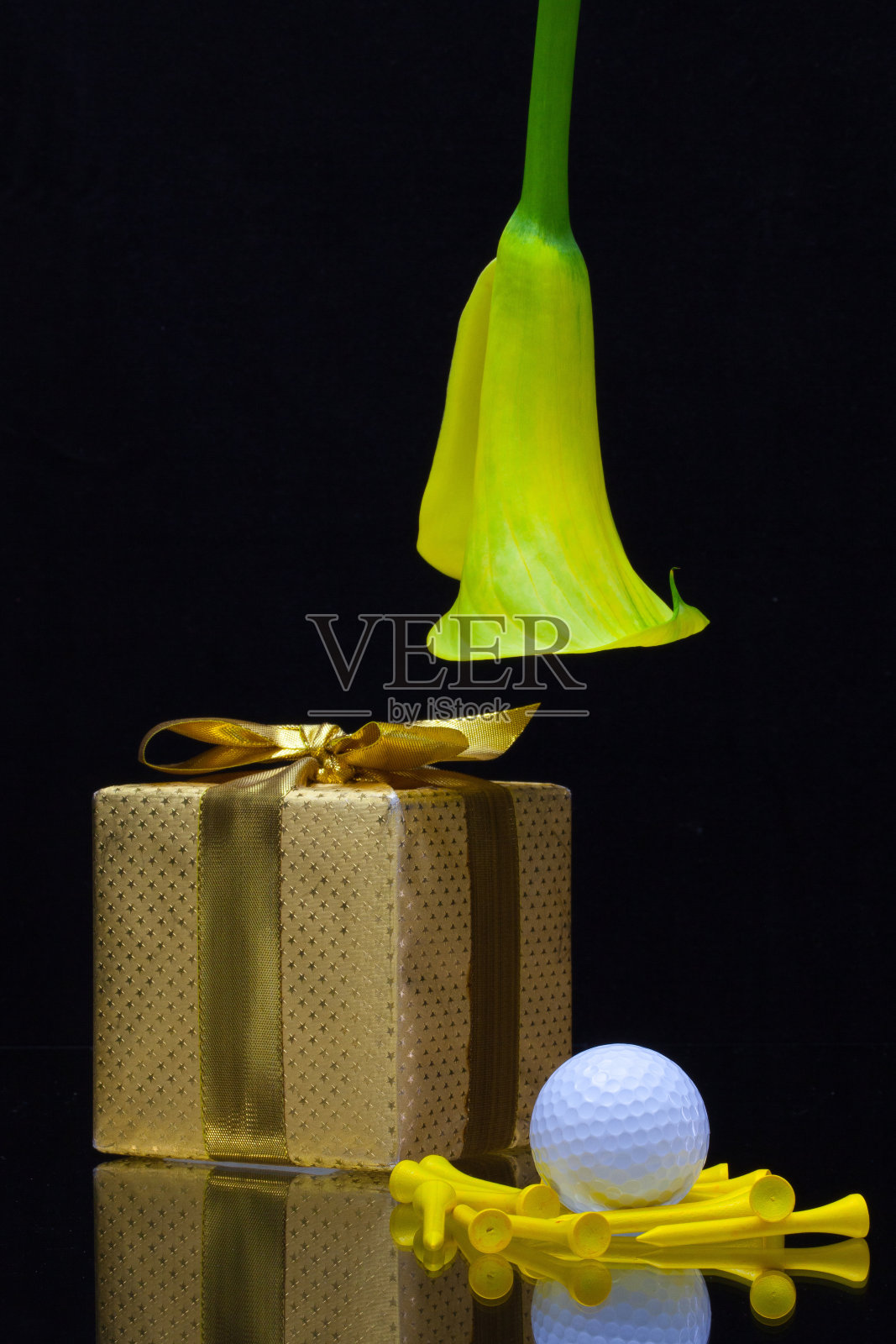 黄色马蹄莲和礼物在黑色的背景照片摄影图片