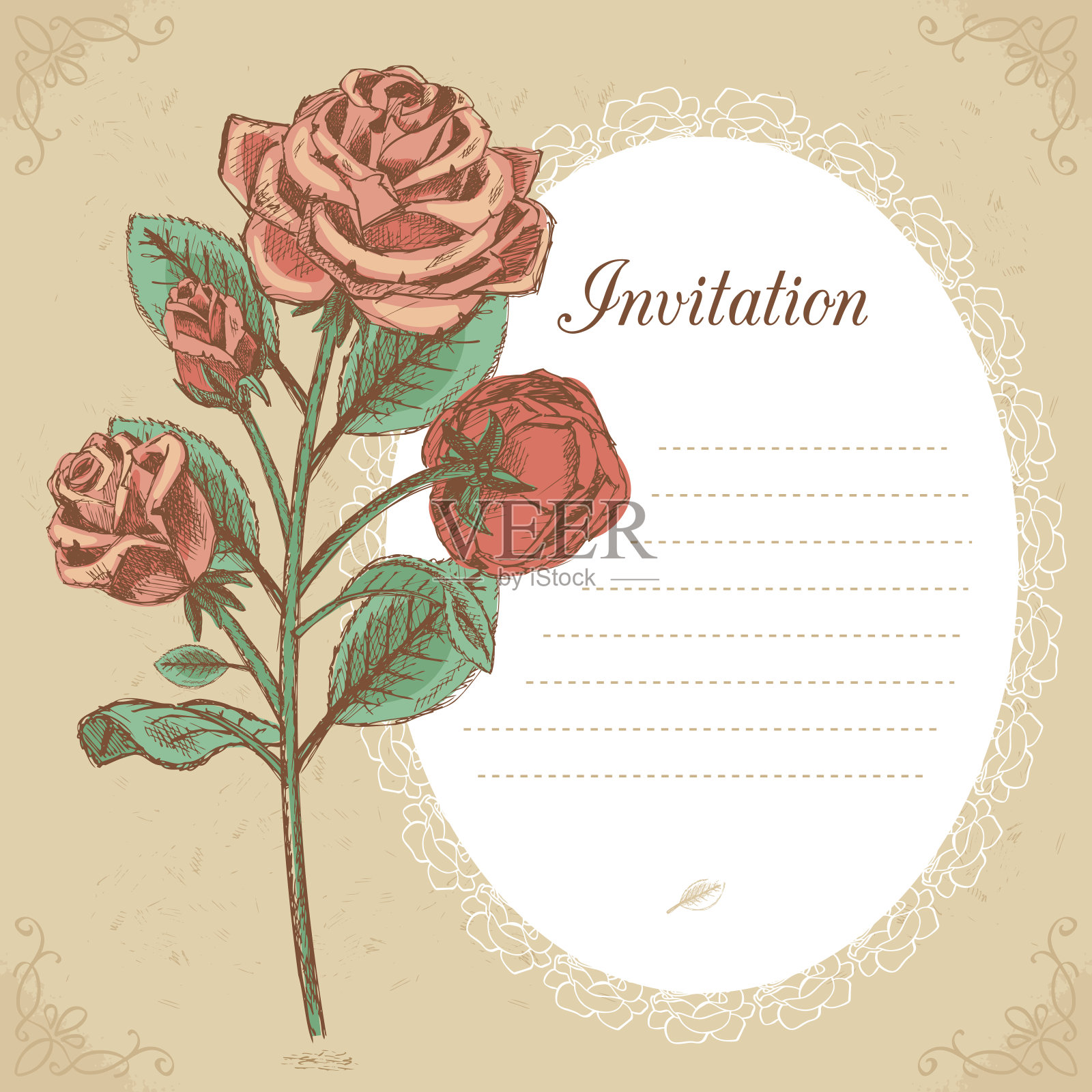 复古邀请卡与红玫瑰矢量插图设计模板素材