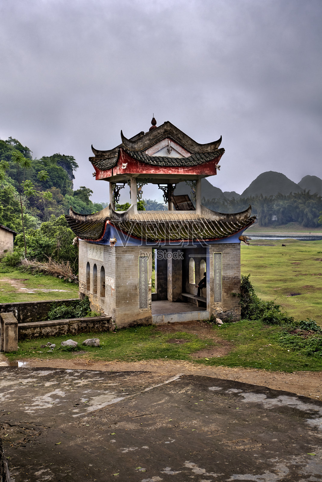 中国广西农村风景名胜区的砖石乔木塔照片摄影图片