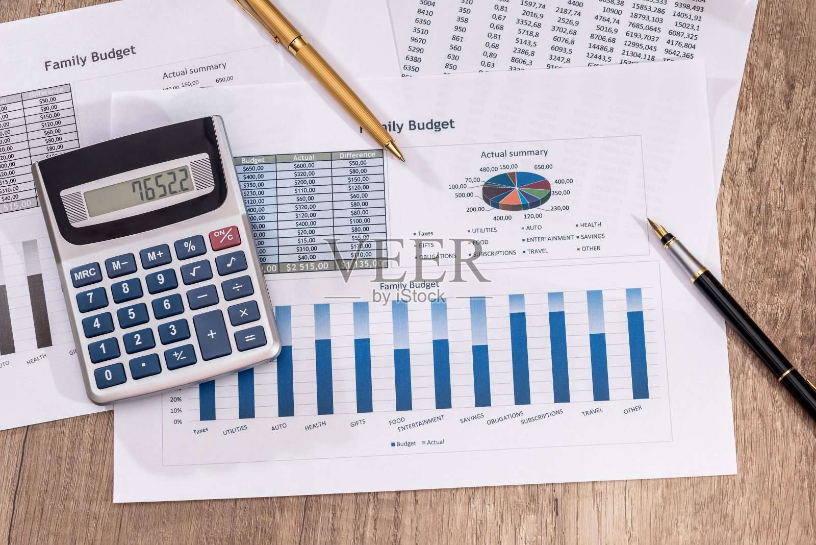 带计算器和笔的业务图表。照片摄影图片