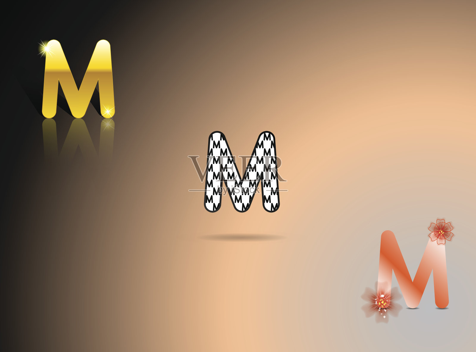 金色，黑色和白色，橙色与字母M设计元素图片