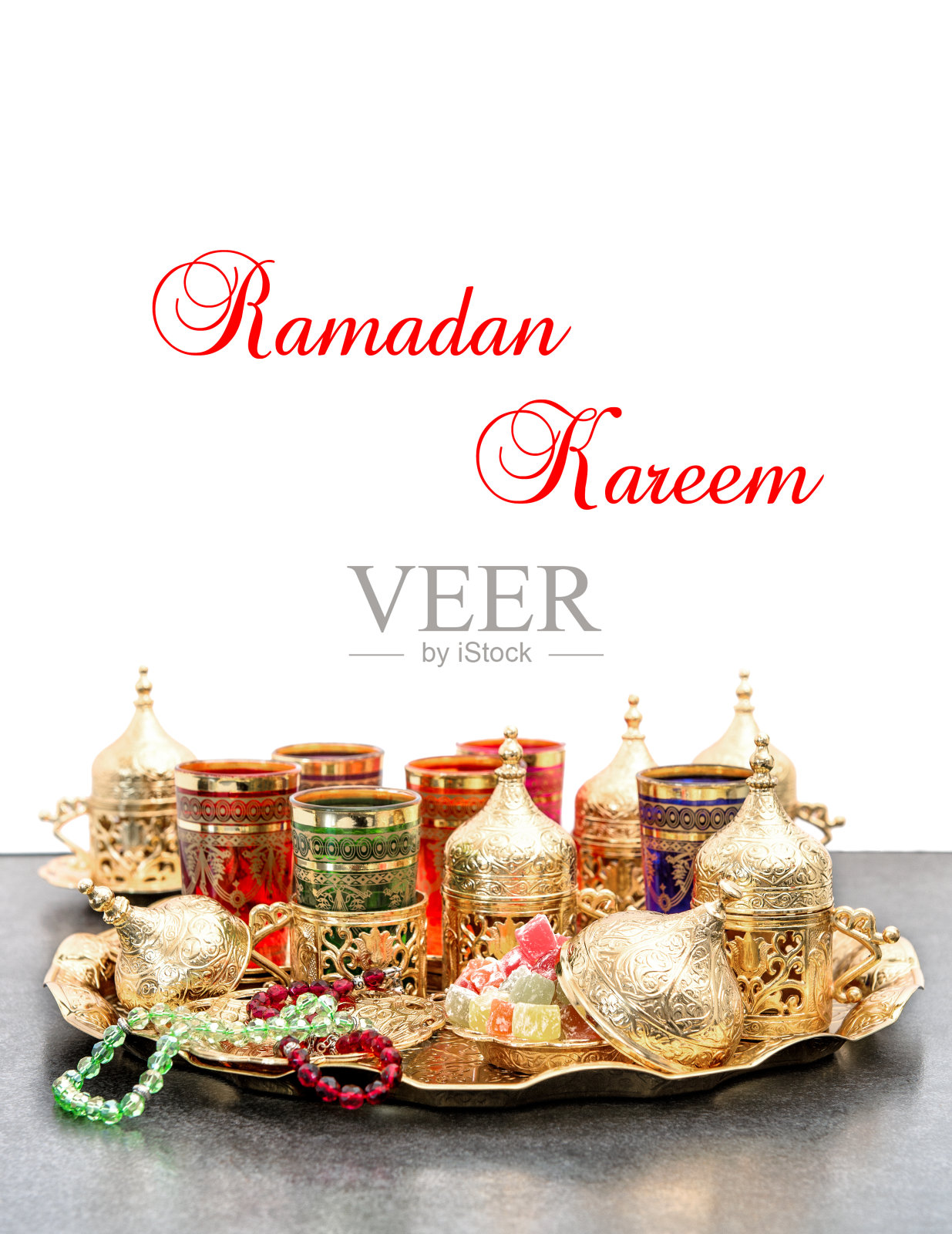 阿拉伯茶念珠斋月卡里姆开斋节穆巴拉克照片摄影图片