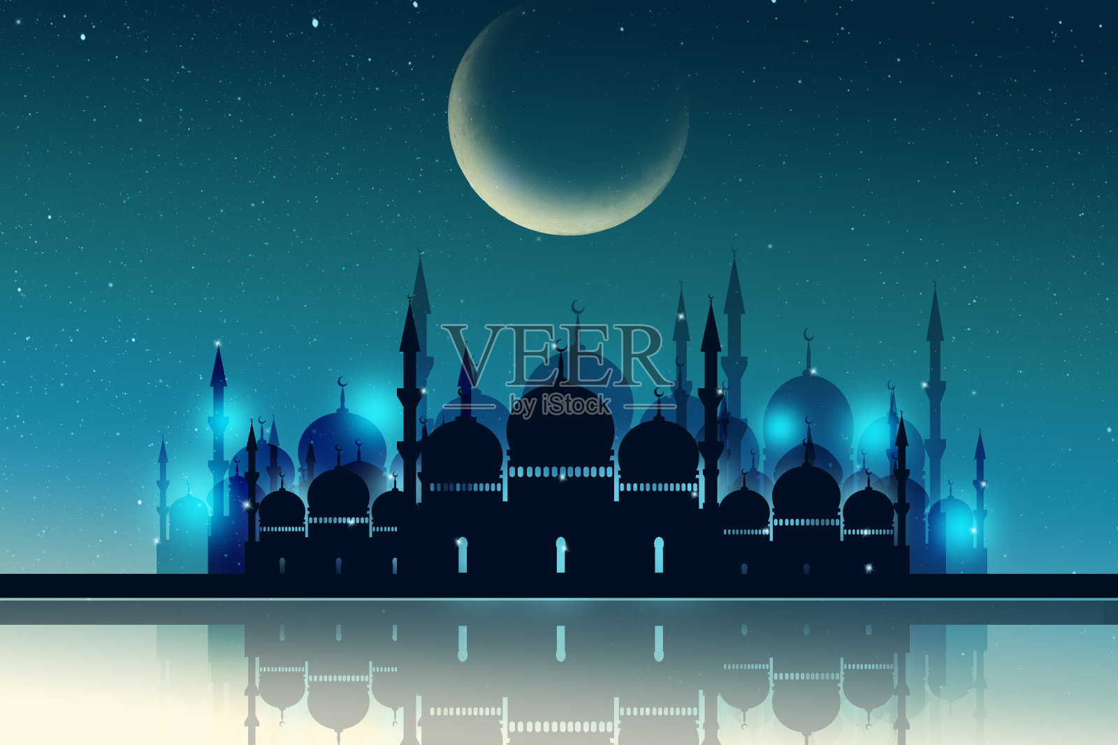 斋月卡里姆季节问候：清真寺与闪亮的星夜照片摄影图片