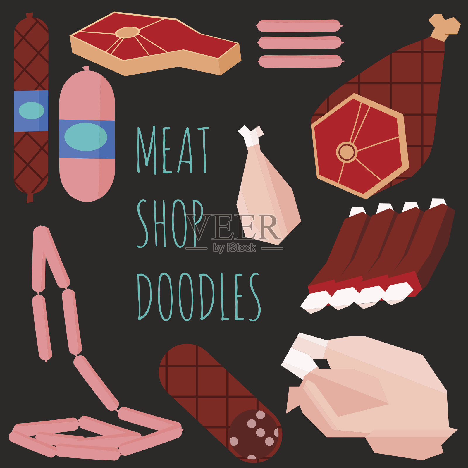 黑色背景上的肉涂鸦。插画图片素材