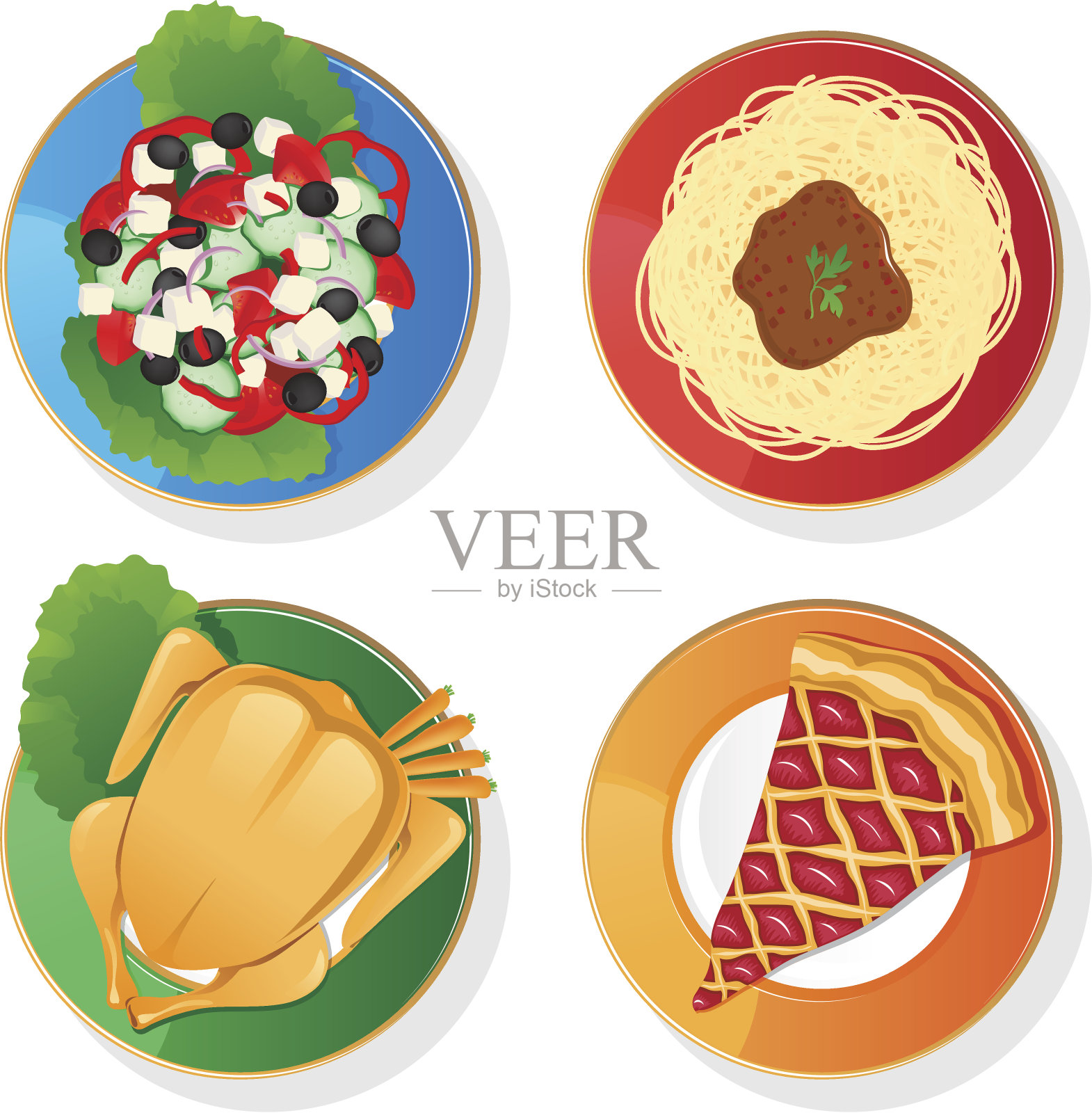 四个盘子，不同的美味内容插画图片素材