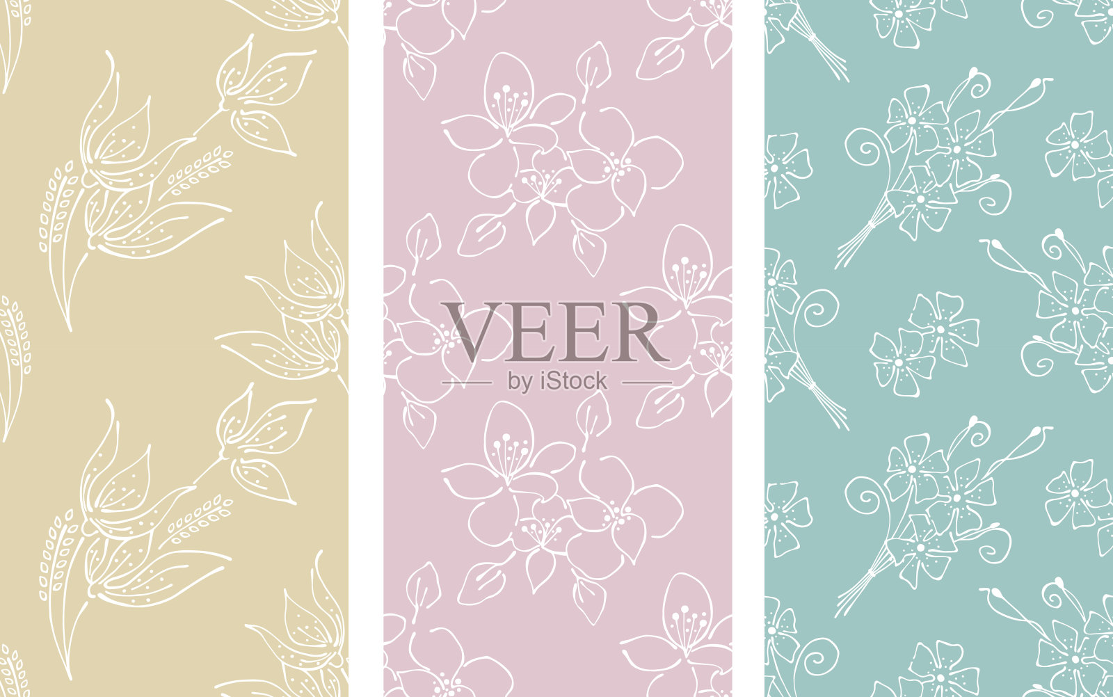 矢量集花卉插图。粉彩无缝图案与花束、花叶、装饰元素。手绘等高线和笔画。涂鸦风格，图形插图插画图片素材