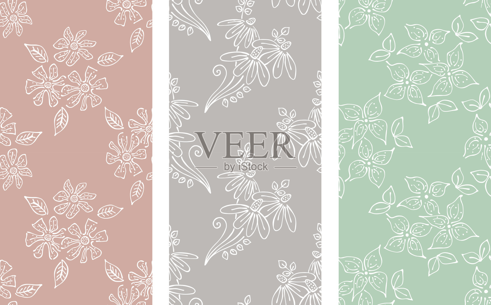 矢量集花卉插图。粉彩无缝图案与花束、花叶、装饰元素。手绘等高线和笔画。涂鸦风格，图形插图插画图片素材