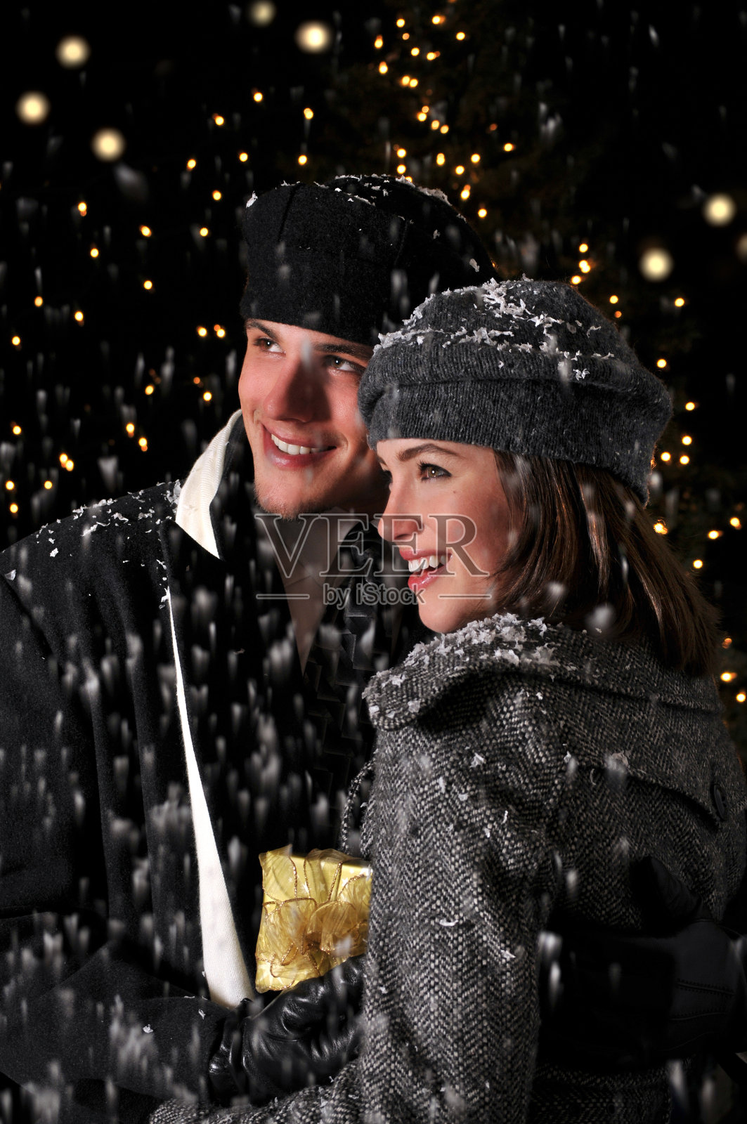 迷人的夫妇与飘落的雪照片摄影图片
