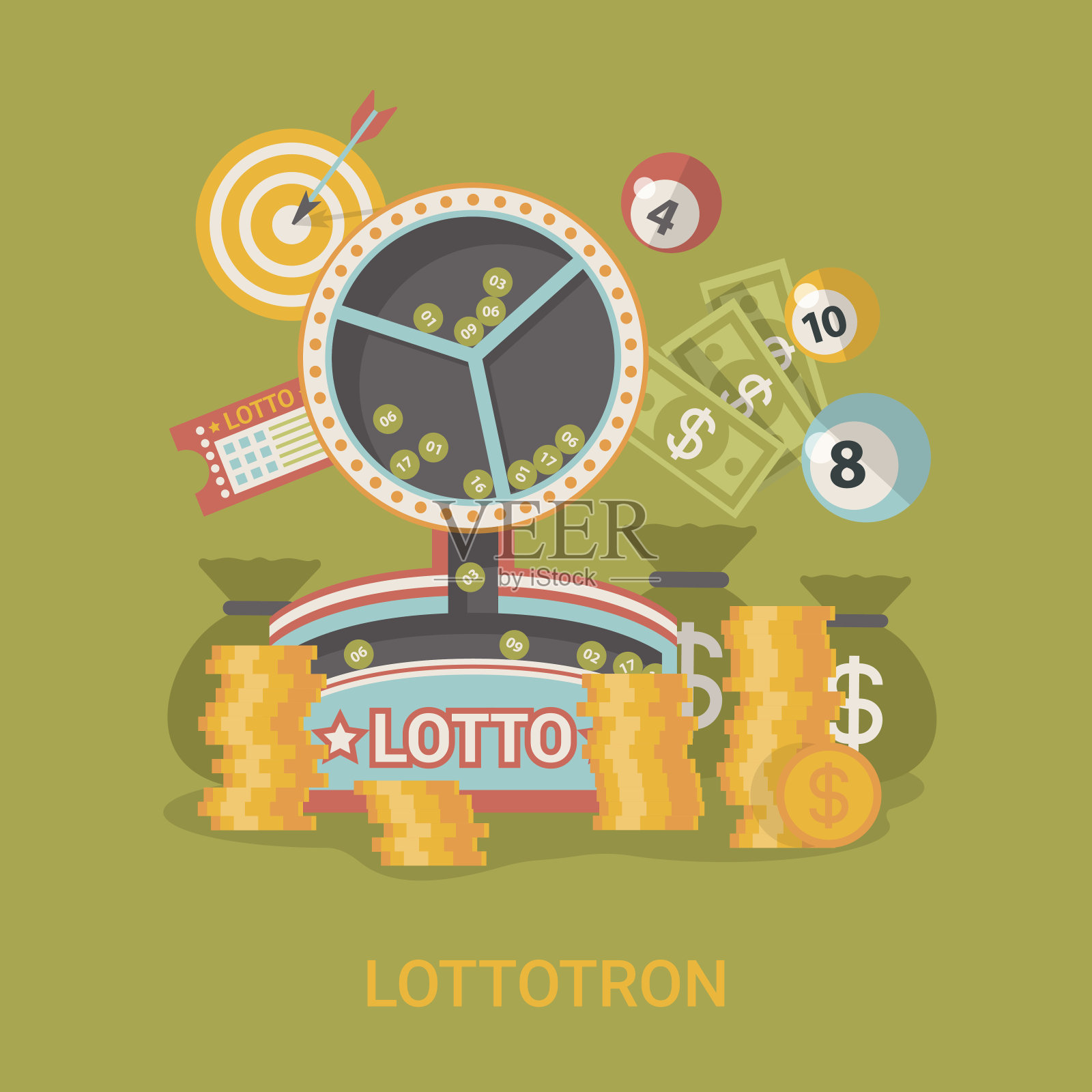 幸运生活概念矢量插图。平面风格乐透成功网站横幅形象。财富金钱富裕。乐透在绿色背景上铸造美元球。插画图片素材