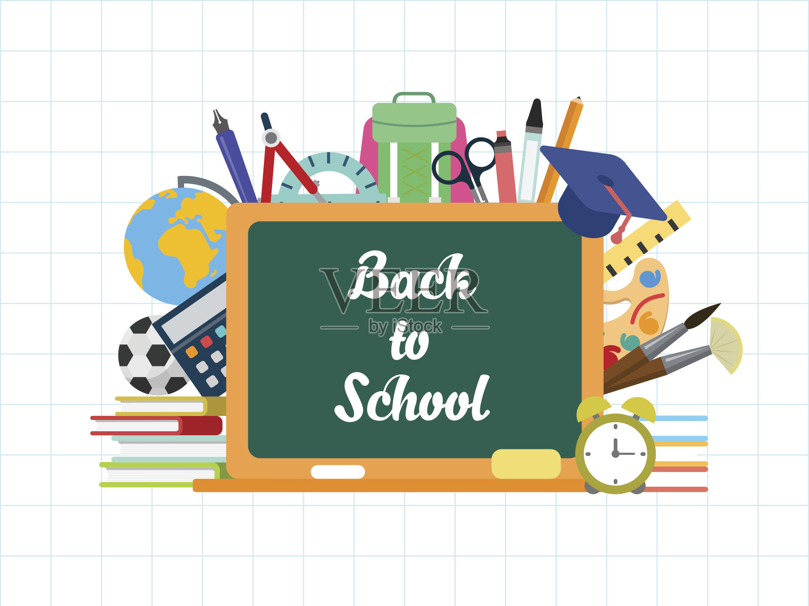 平面概念黑板粉笔字母与教育图标矢量插图。回到学校信息图的概念。书，调色板，毕业帽，背包，画笔和闹钟物件。插画图片素材