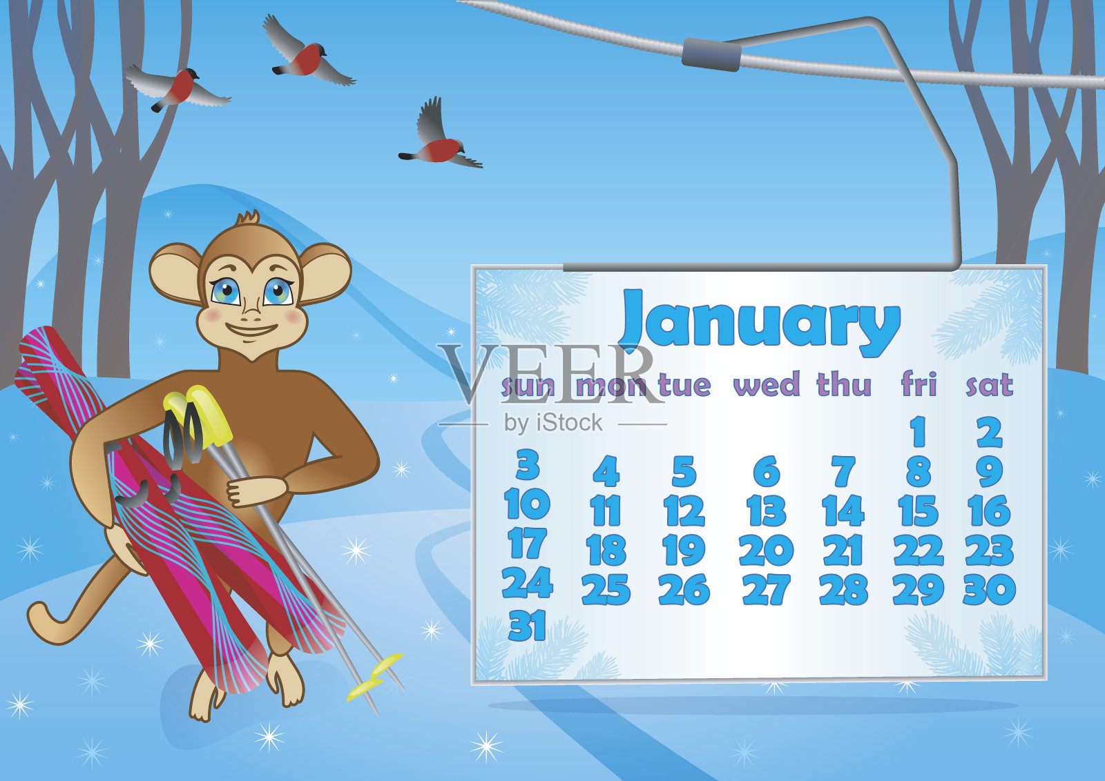 日历2016年与猴子。1月设计模板素材