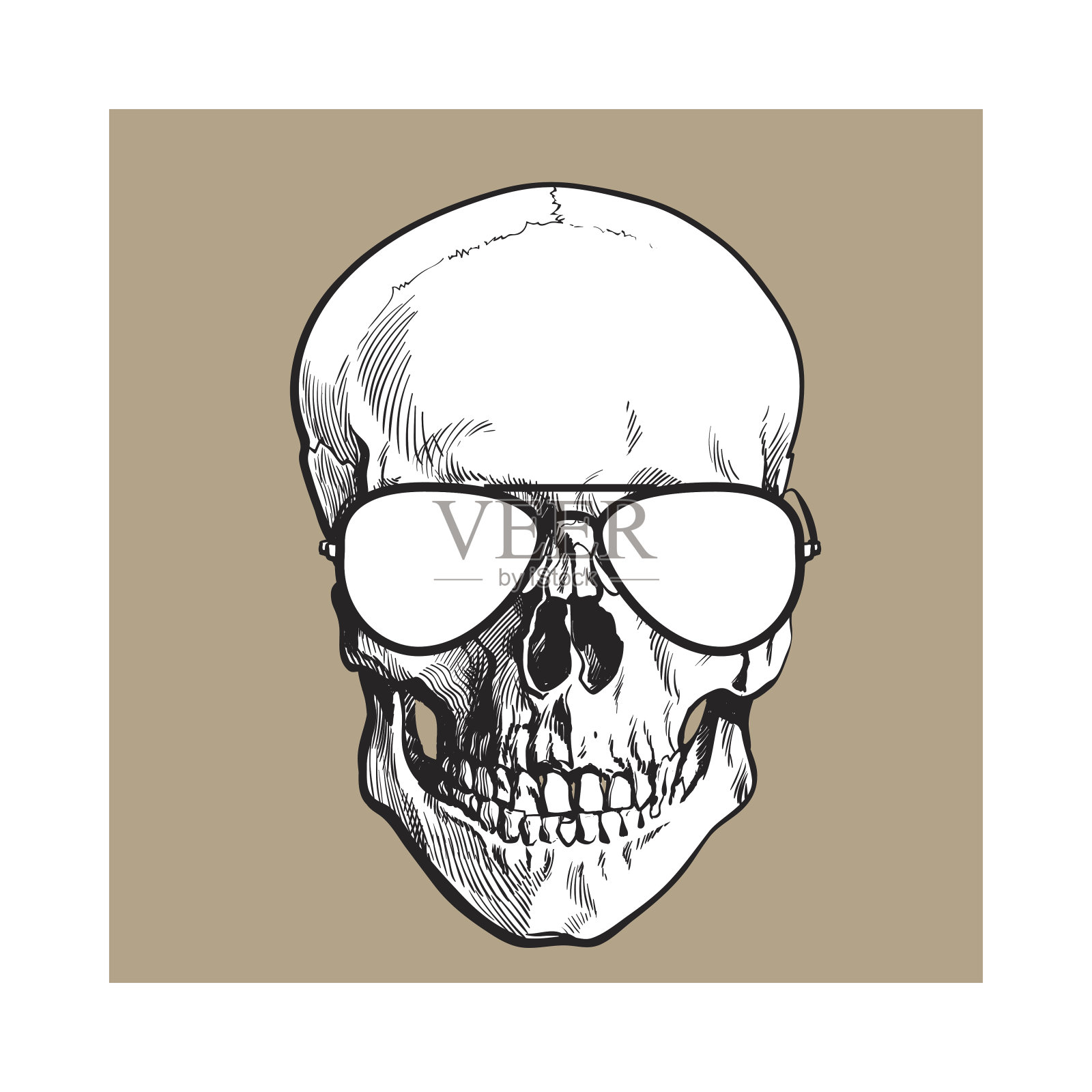 手绘人类头骨戴着黑白飞行员墨镜插画图片素材