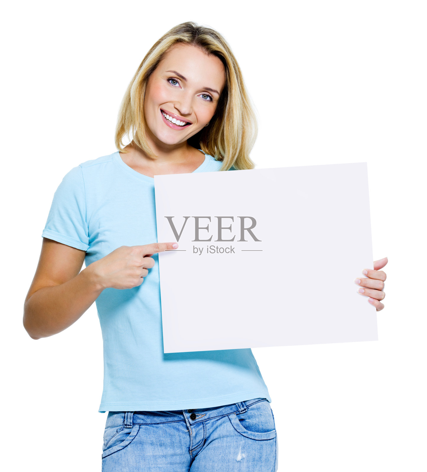 女人指着空白横幅照片摄影图片