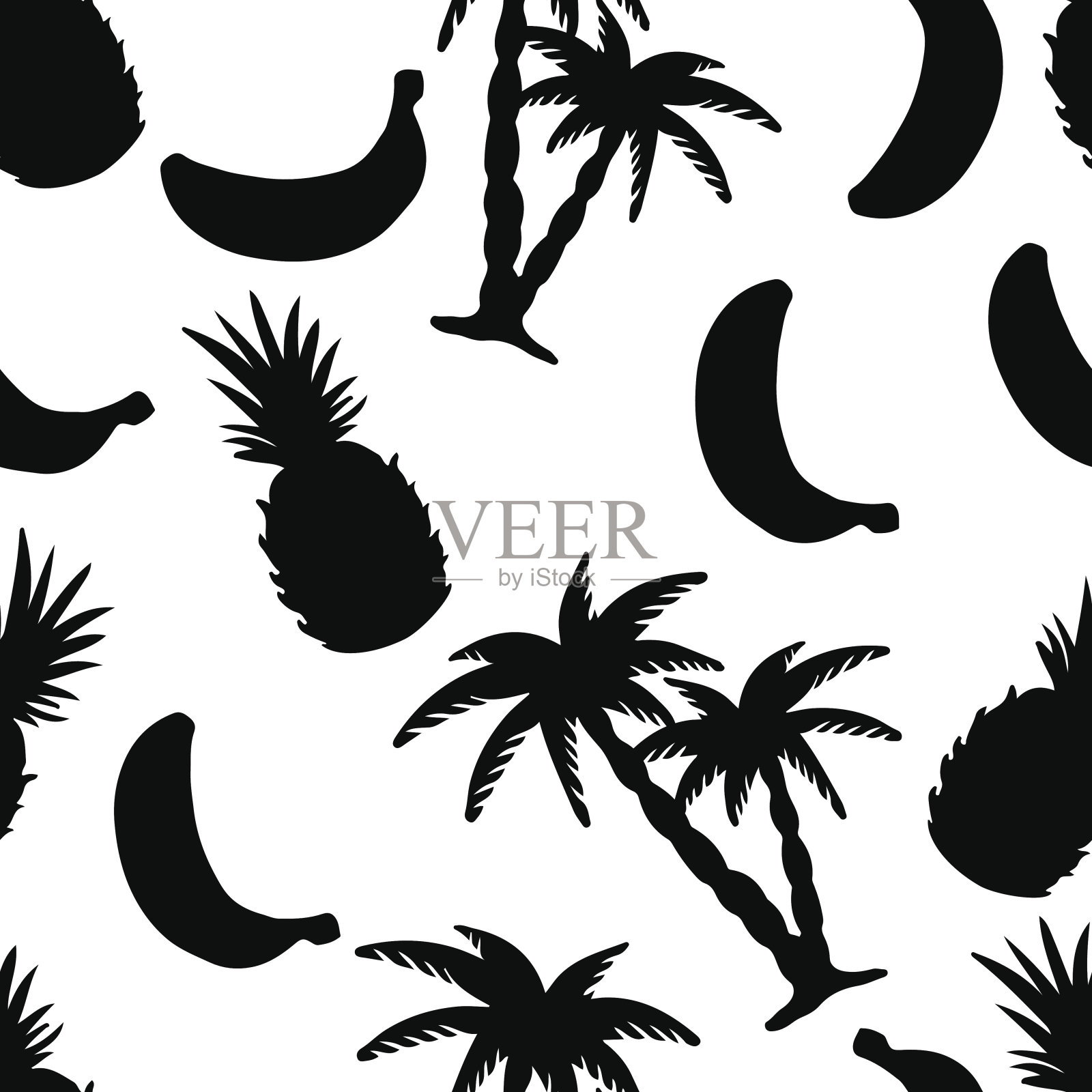 无缝图案与椰子树，菠萝和香蕉插画图片素材