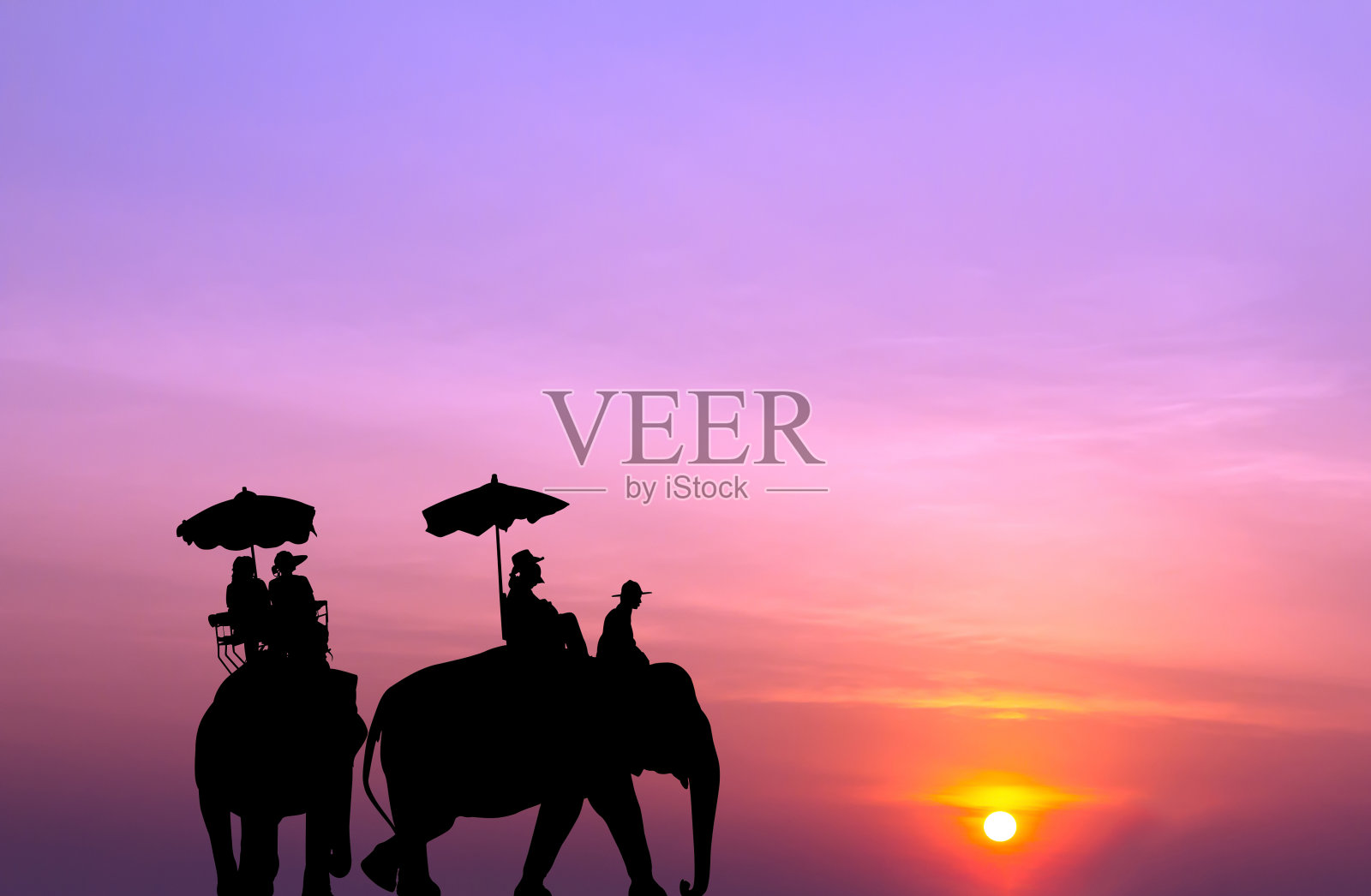 日落时大象与游客的剪影照片摄影图片