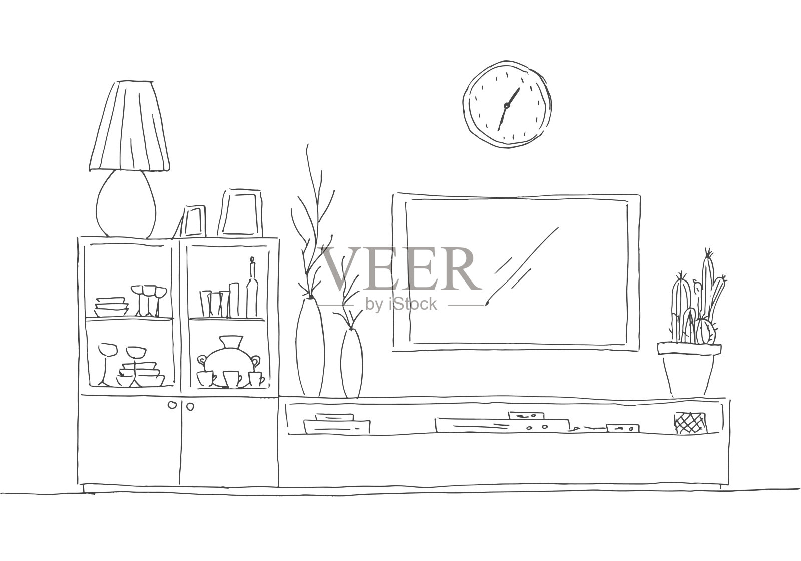 手绘草图。室内的线性草图。书架、装有电视的梳妆台和书架。矢量图插画图片素材