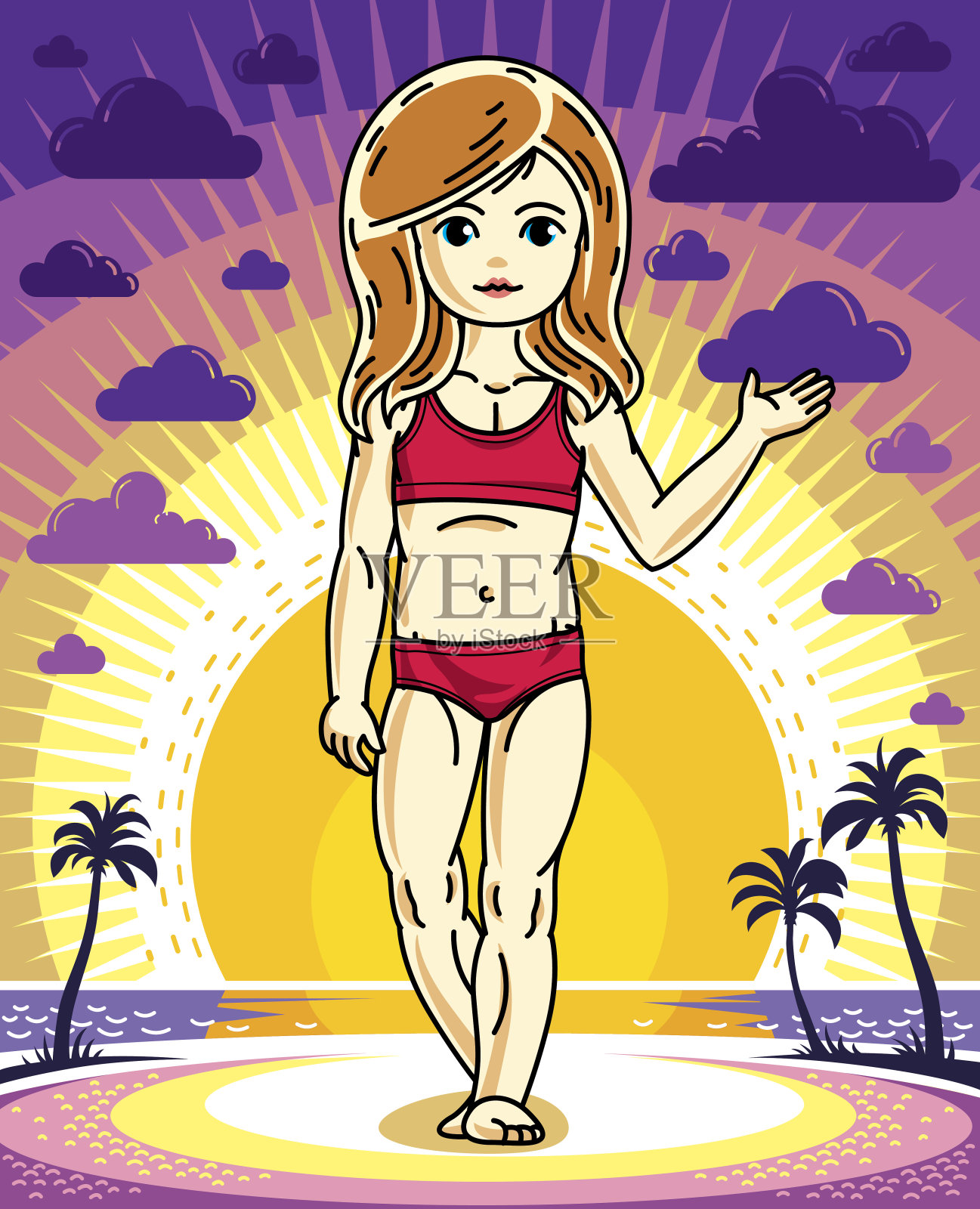 可爱快乐的小红发女孩在夕阳景观的背景下摆着手掌，穿着五颜六色的游泳衣。向量的性格。插画图片素材