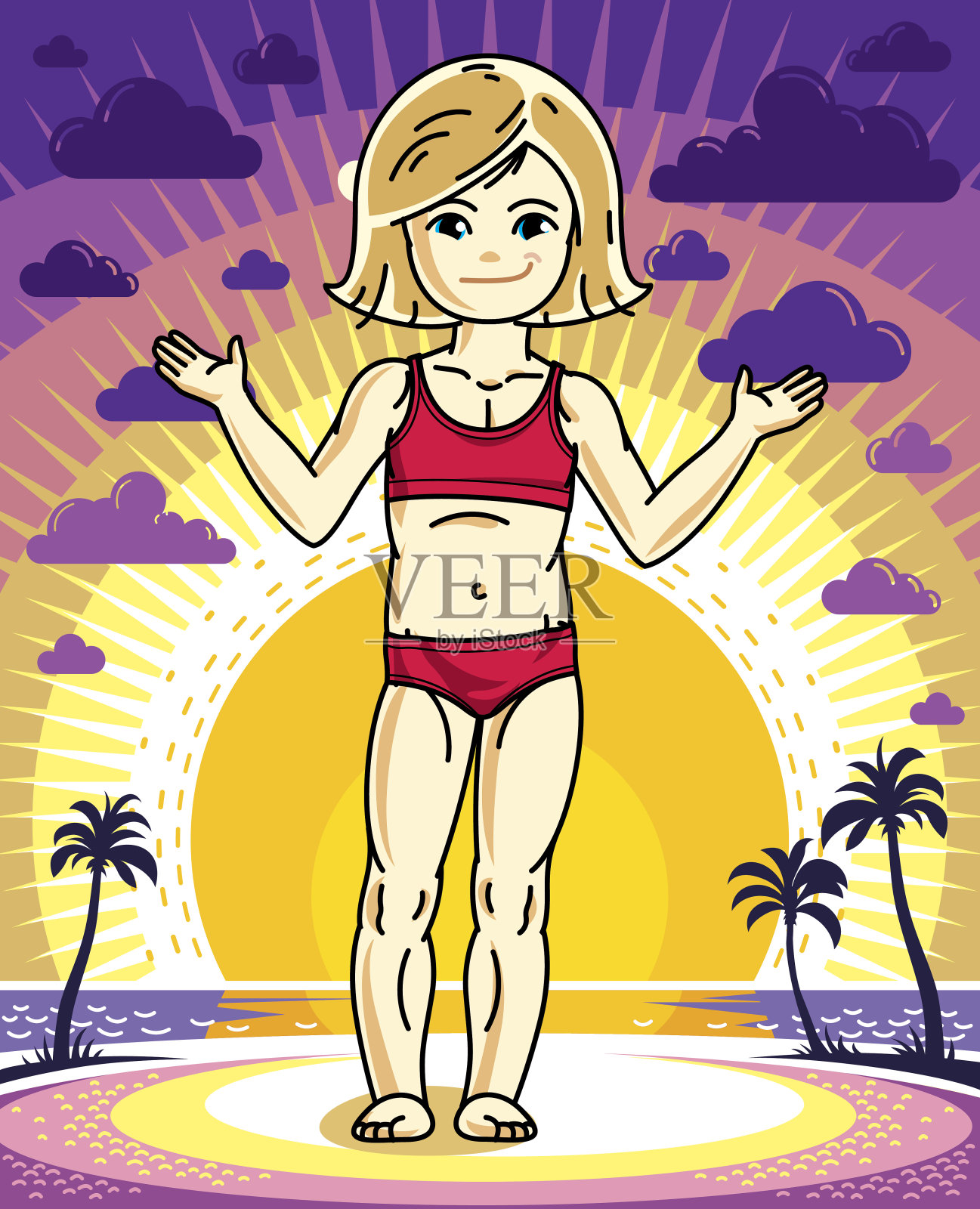 可爱的金发小女孩站在日落景观与棕榈树和穿着浴衣。矢量插图。插画图片素材