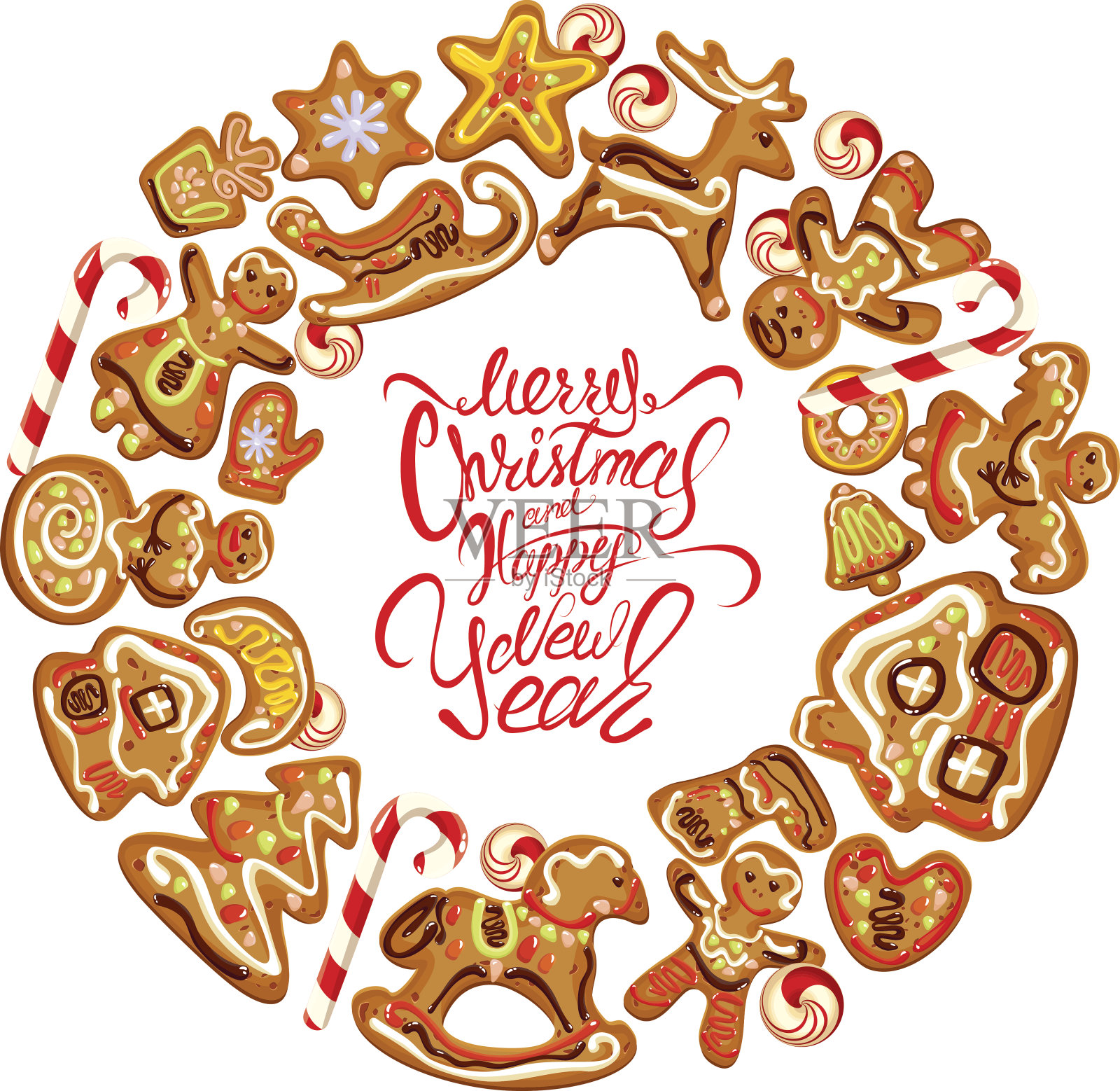 节日卡片。圆形框架与圣诞姜饼孤立在白色插画图片素材