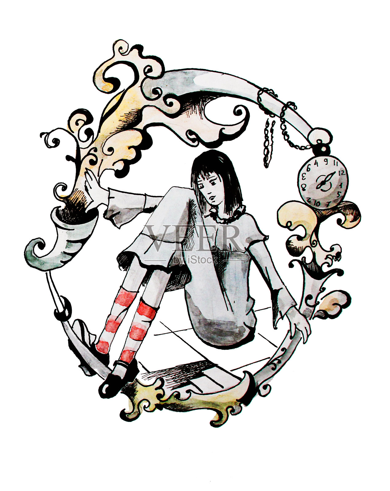 爱丽丝梦游仙境，手绘水彩插画插画图片素材