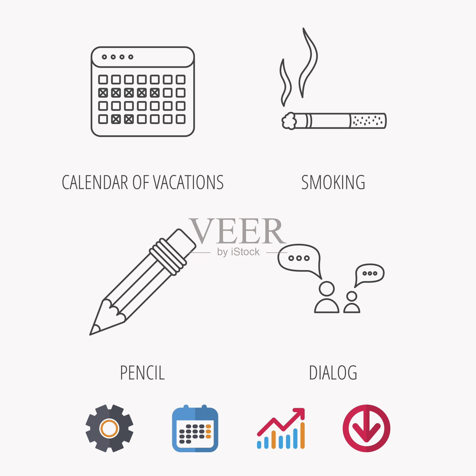 对话、铅笔和吸烟图标。图标素材
