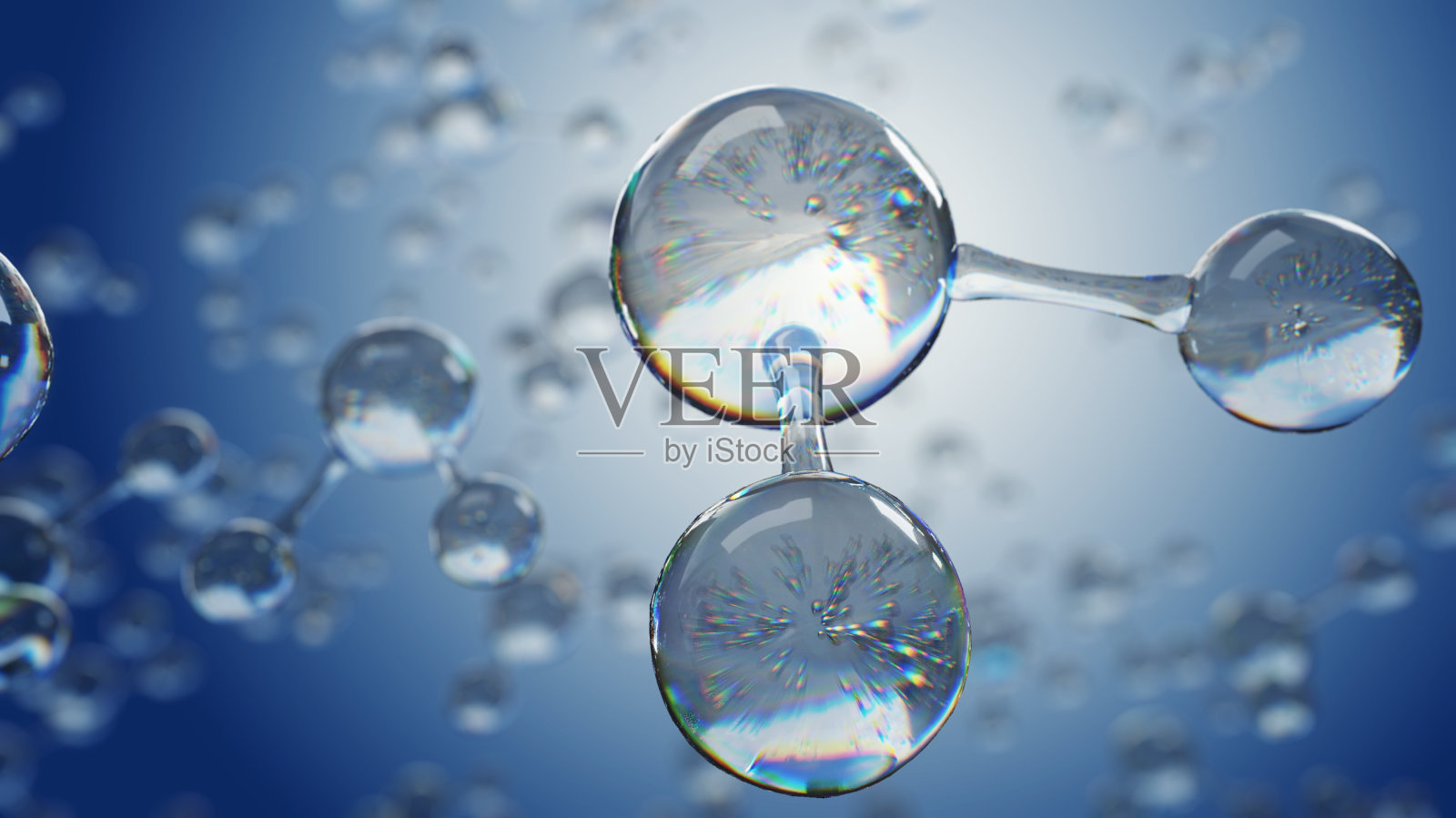3D插图：水分子，抽象分子微生物学或科学背景照片摄影图片