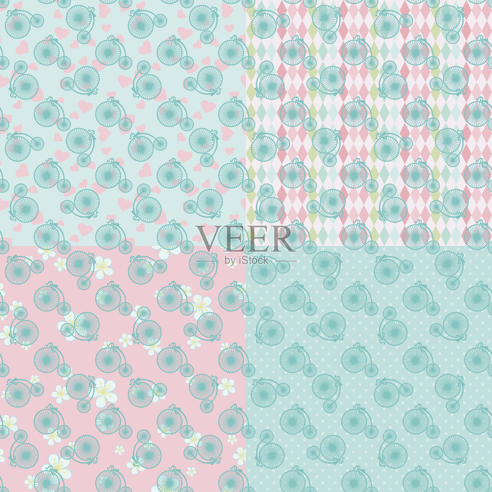 可爱的复古无缝图案与复古自行车插画图片素材