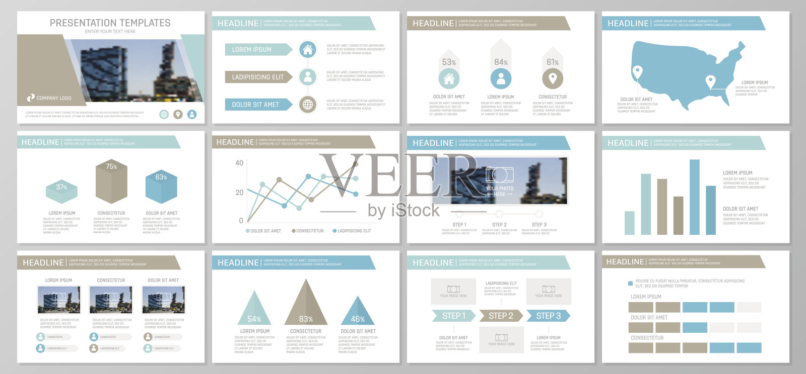 一组棕色和蓝色元素，用于多用途演示模板幻灯片与图表。传单，公司报告，市场营销，广告，年度报告，书籍封面设计。插画图片素材