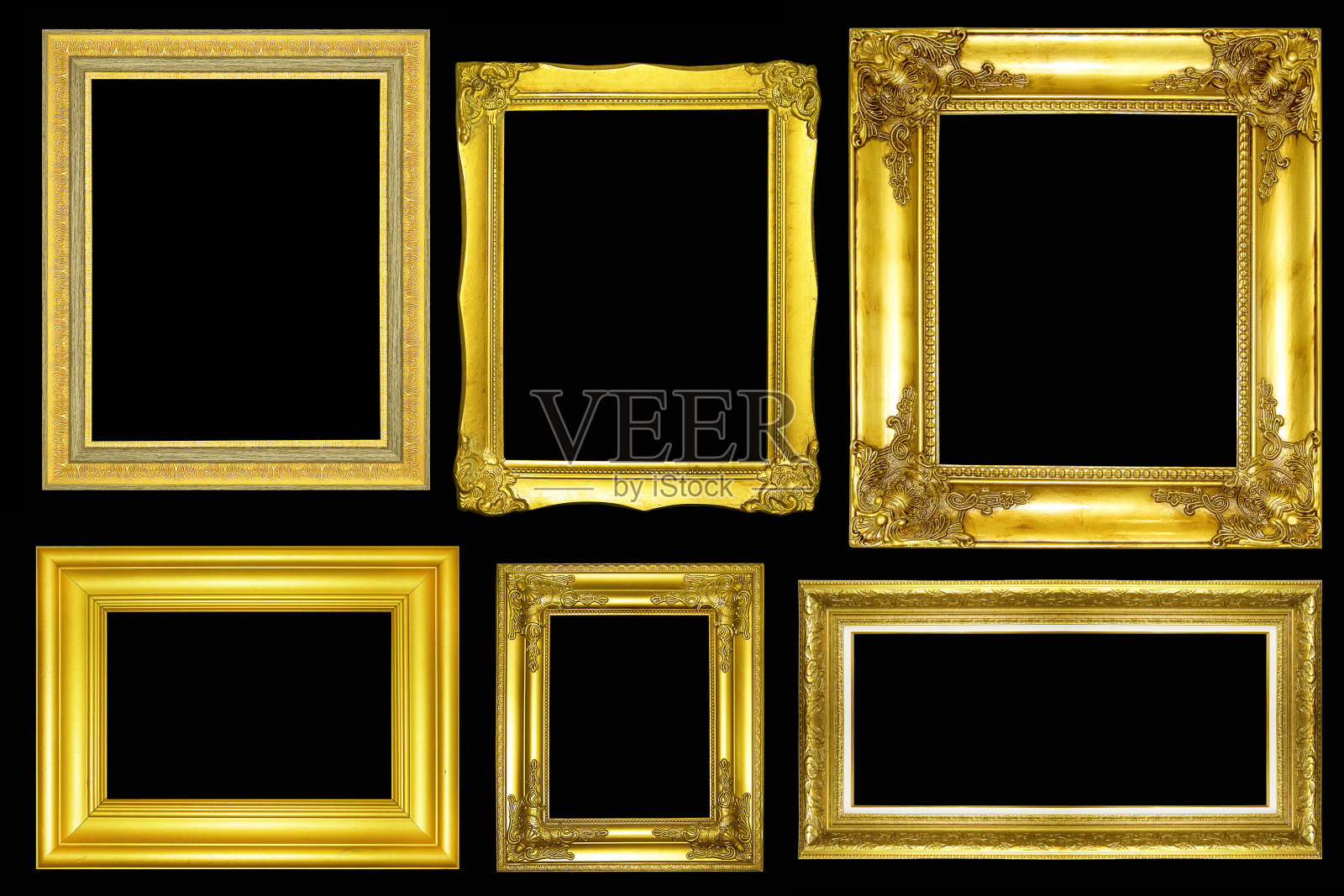 收藏黄金古董照片和相框孤立在黑色背景照片摄影图片