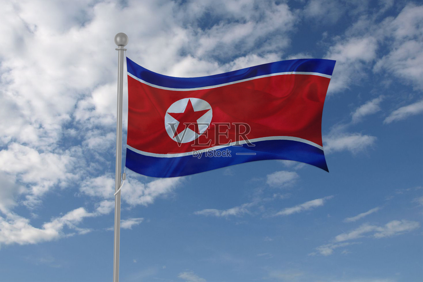 朝鲜国旗在天空中飘扬照片摄影图片