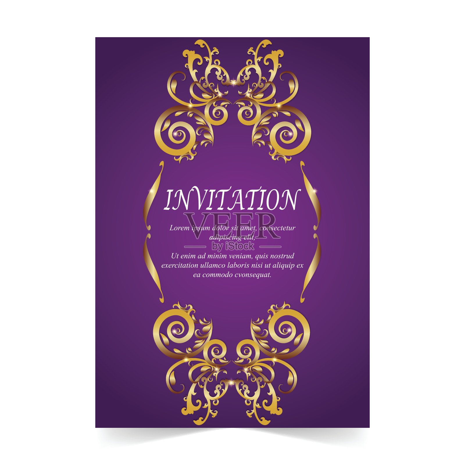 紫色背景装饰的请帖、婚礼卡片设计模板素材