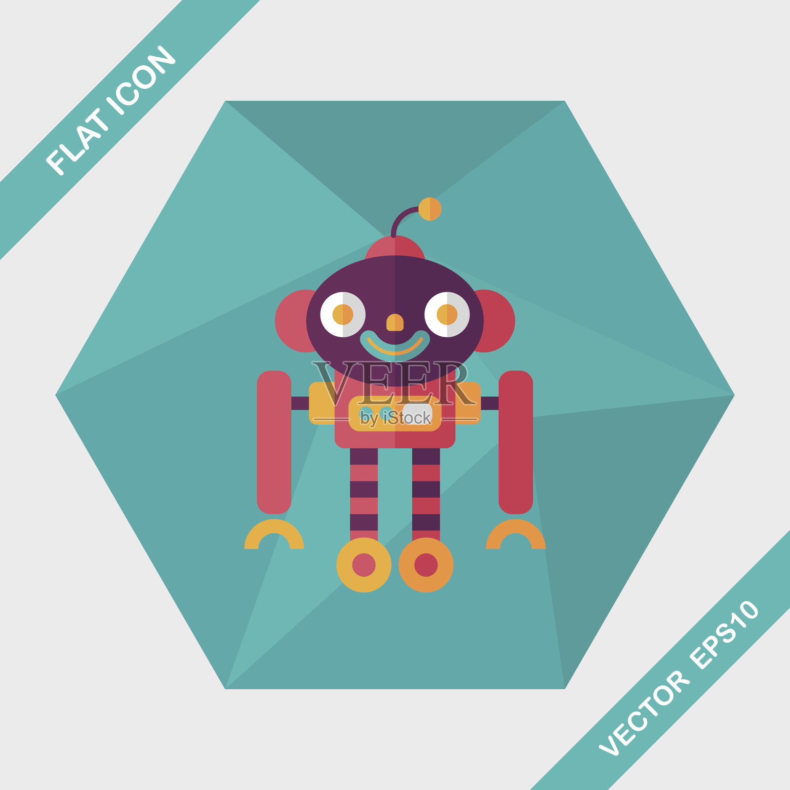 机器人概念平面图标与长影子，eps10插画图片素材