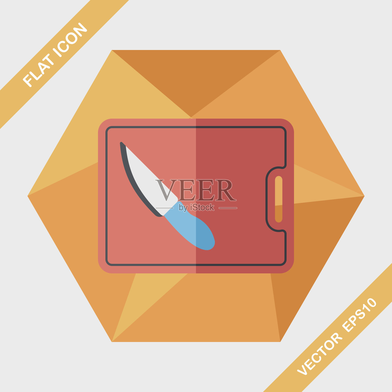 厨具切菜板和刀的平面图标有长长的阴影，插画图片素材