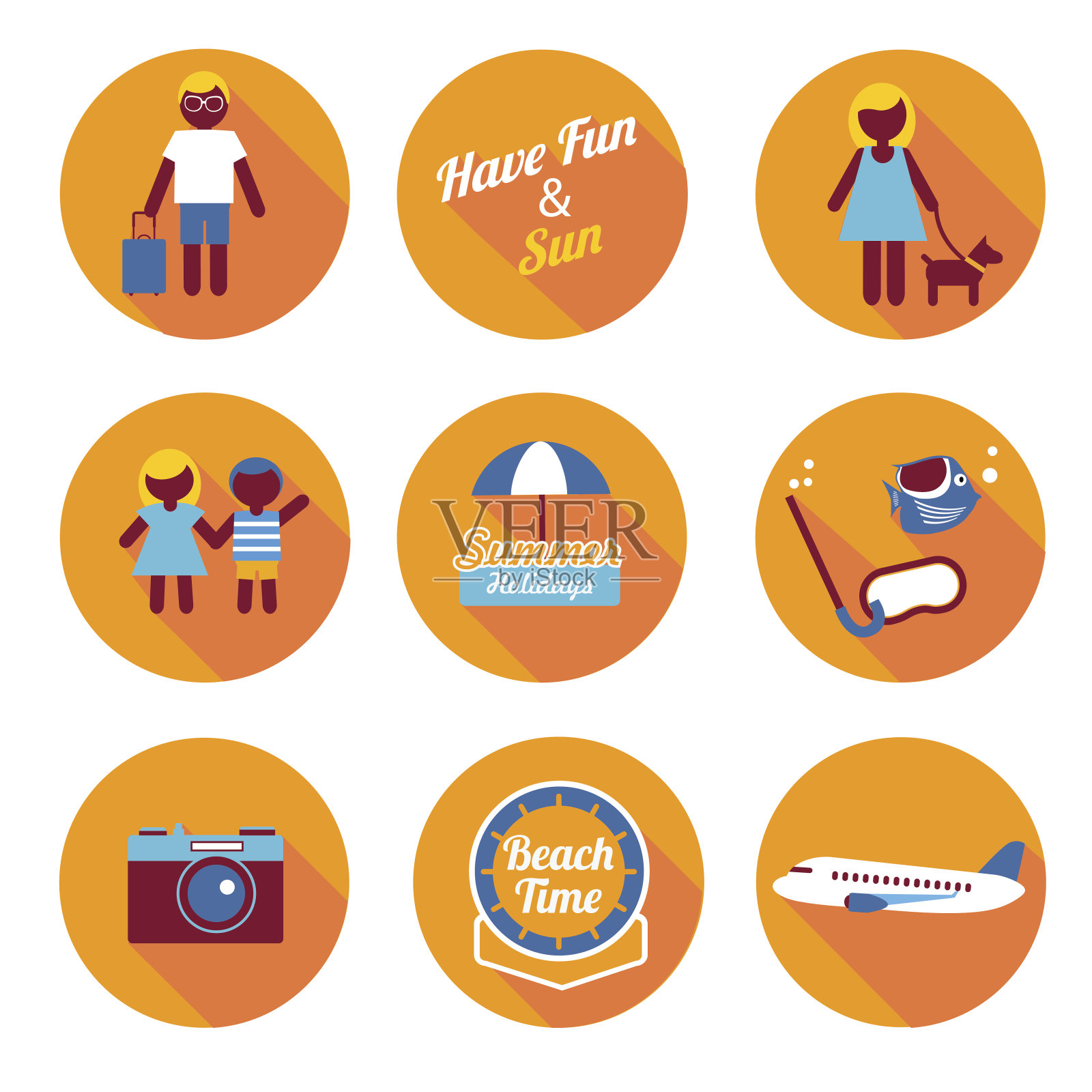 橙色矢量平面圆图标设置的家庭暑假图标素材