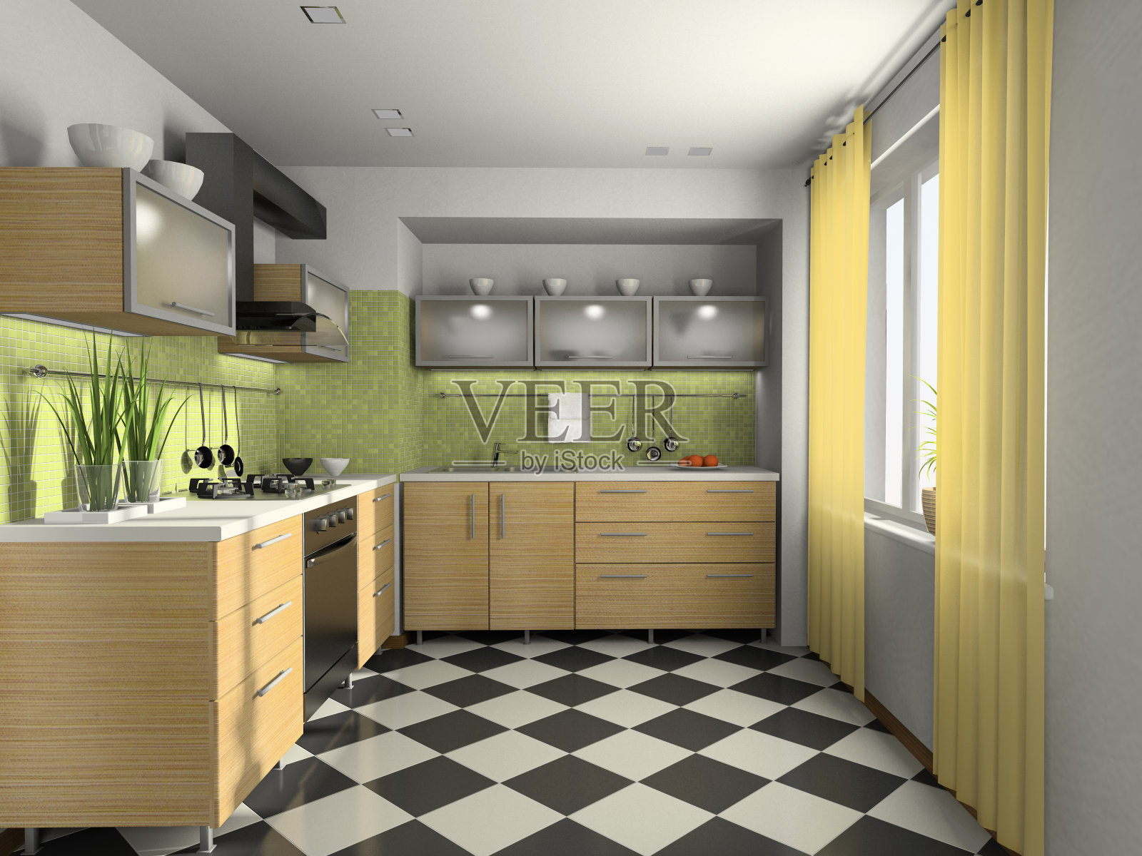 现代厨房室内3D渲染照片摄影图片