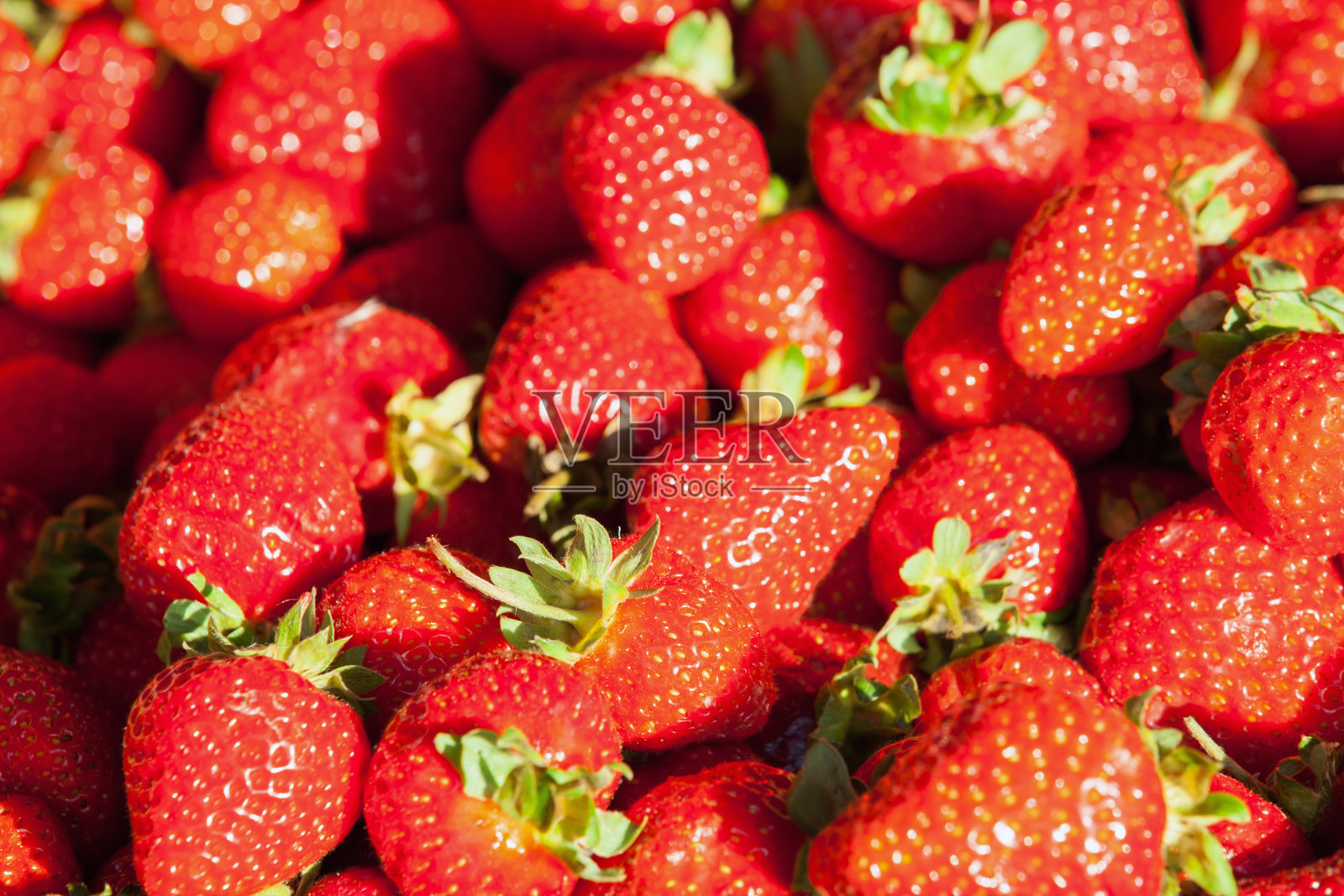 市场柜台上的新鲜红草莓。有选择性的重点照片摄影图片