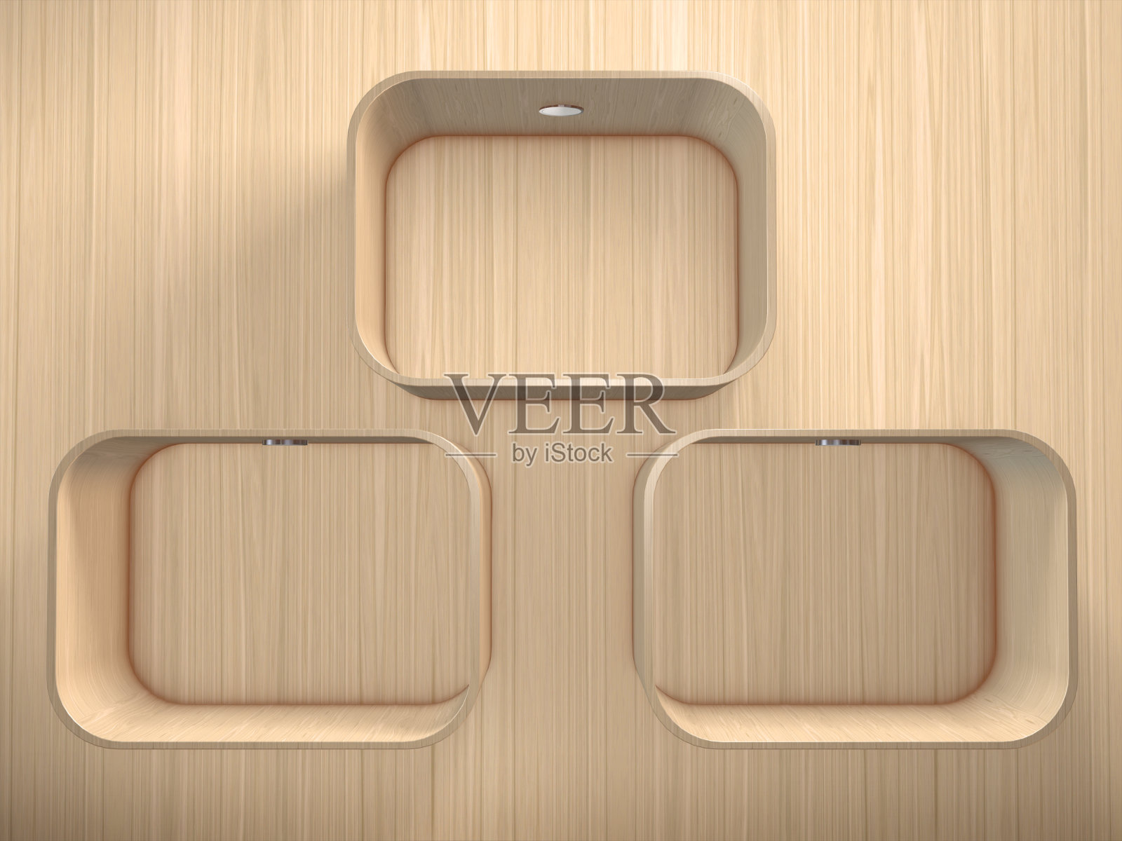 木墙上有三个现代化的木架照片摄影图片