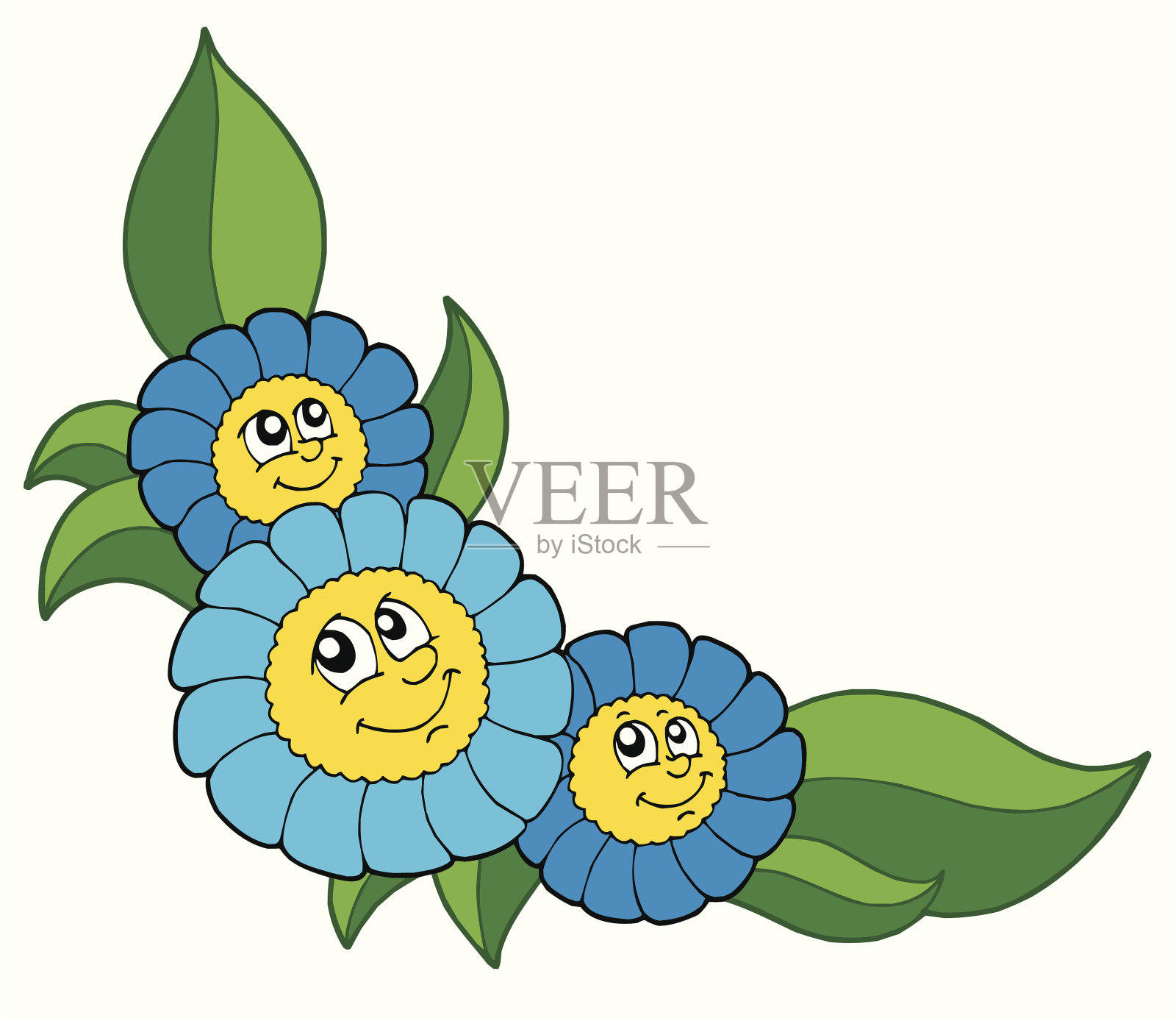 三朵微笑的蓝花插画图片素材