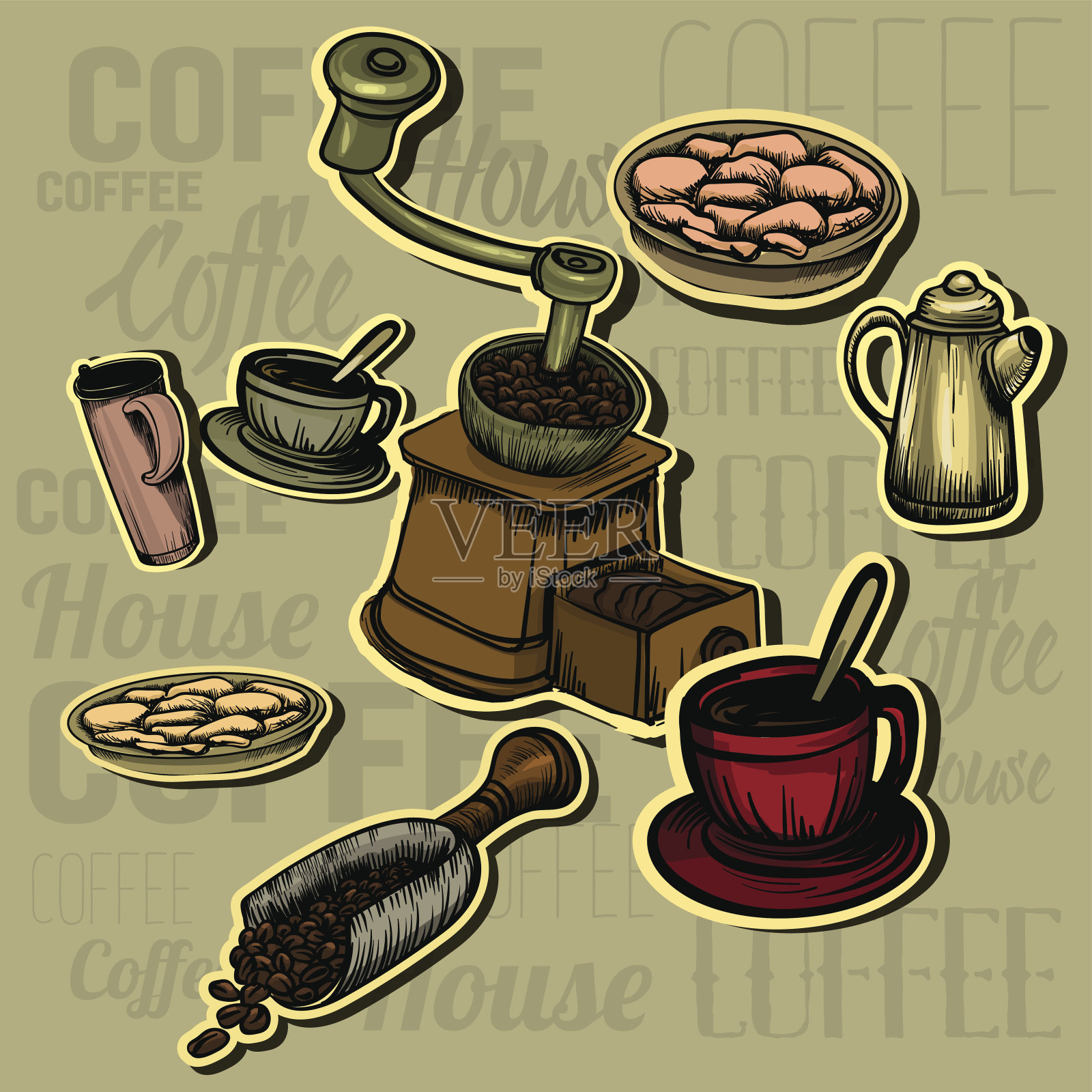 设计项目的一套咖啡配件插画图片素材