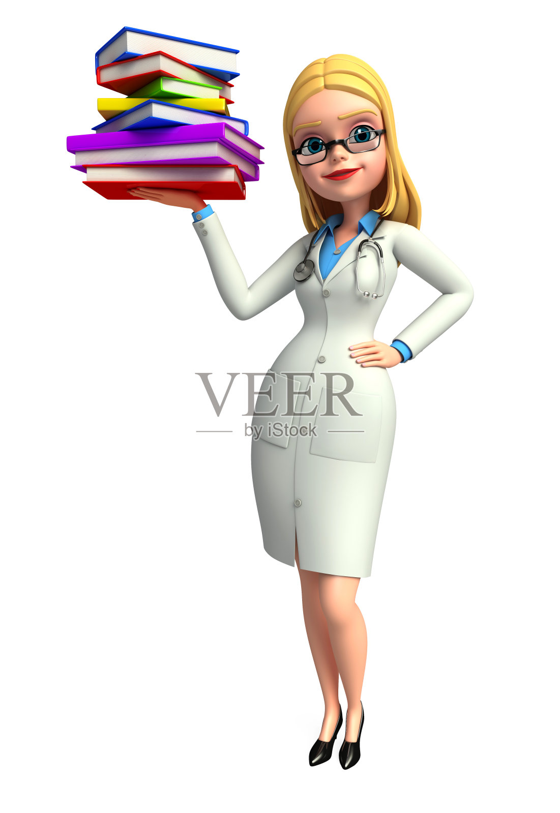 快乐年轻的医生与书堆照片摄影图片