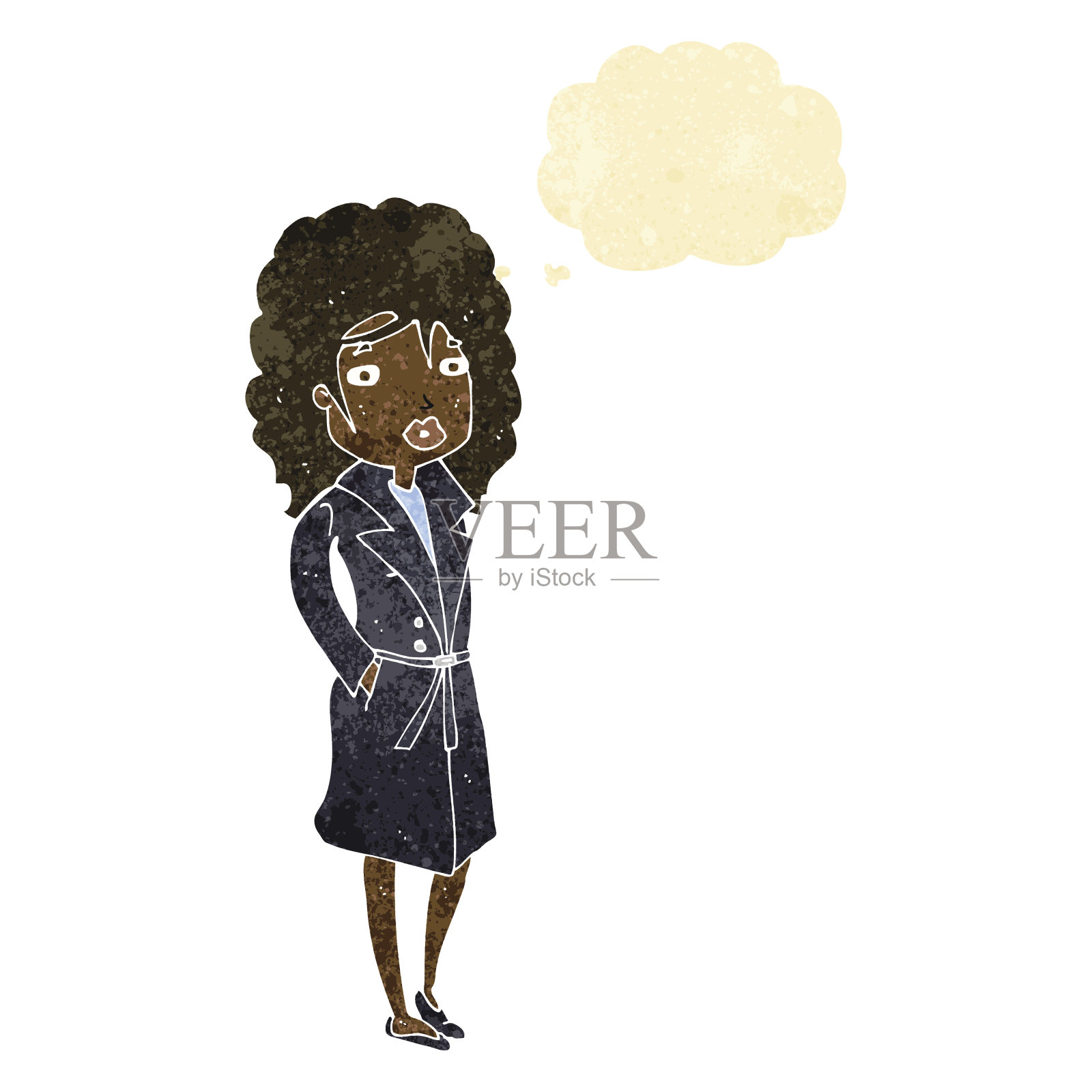 穿着风衣带着思想泡泡的卡通女人插画图片素材