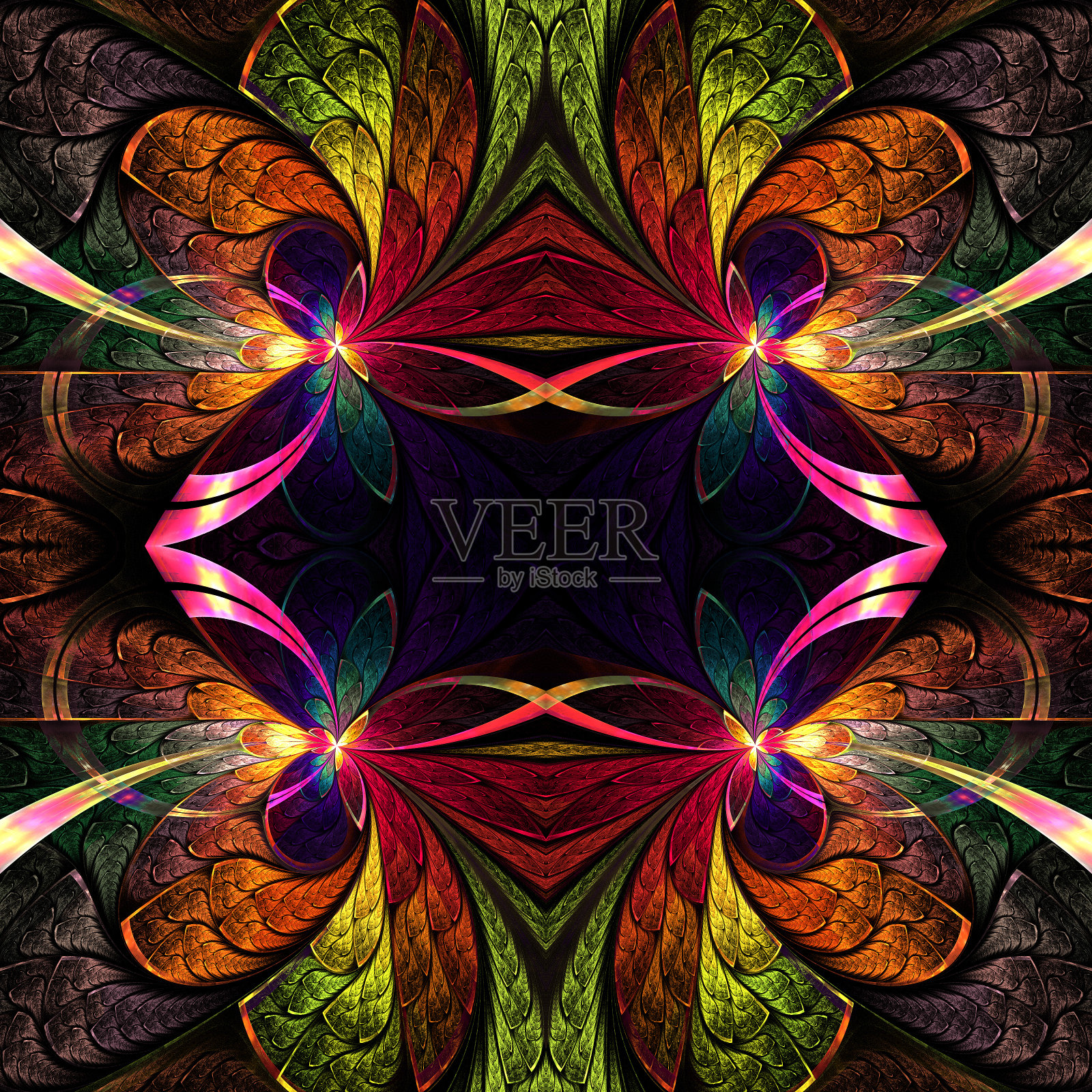 对称分形图案的彩色玻璃窗风格。插画图片素材